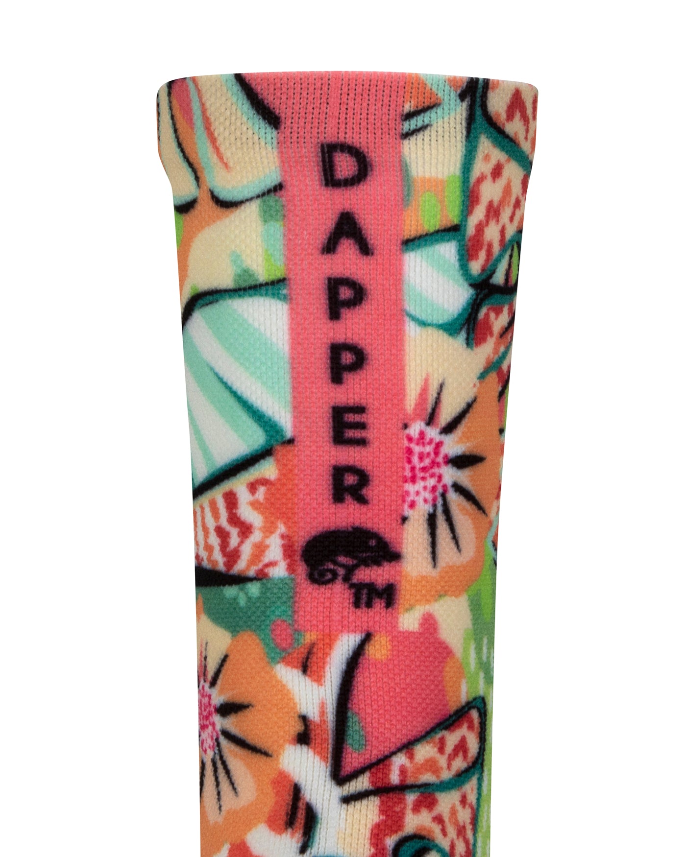 Back view of a seamless toe sock with multi-colour tropical plant and floral design print with a pink salmon strip with Dapper Chameleon wording and logo in black.