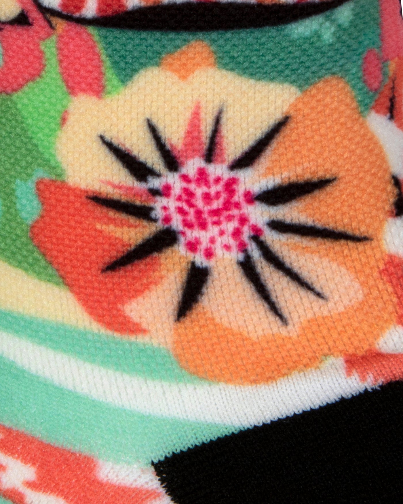 Textured heel view of a seamless toe sock with multi-colour tropical plant and floral design print and black heel.