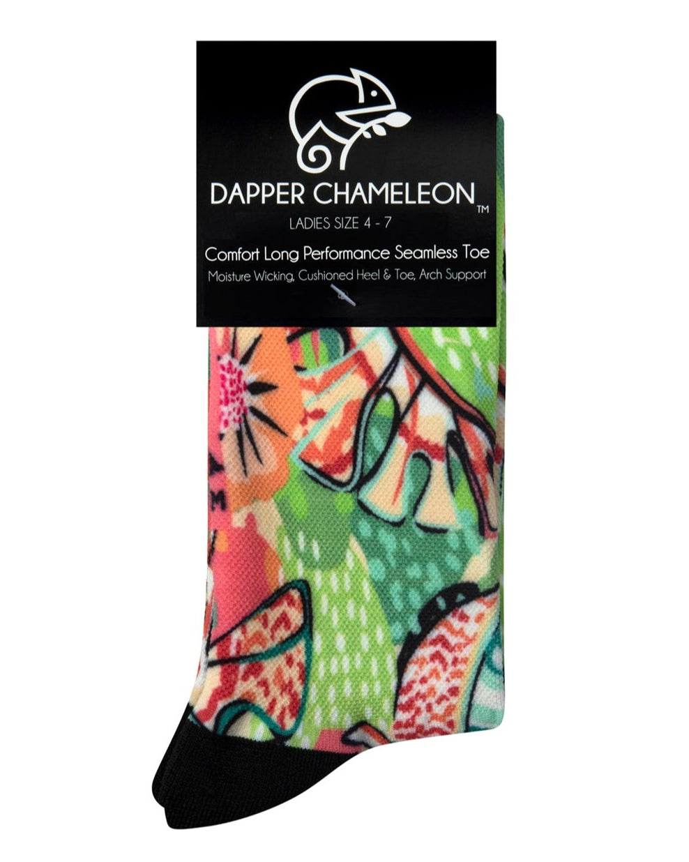 Header card packaging of a seamless toe sock with multi-colour tropical plant and floral design print and black heel and toe.
