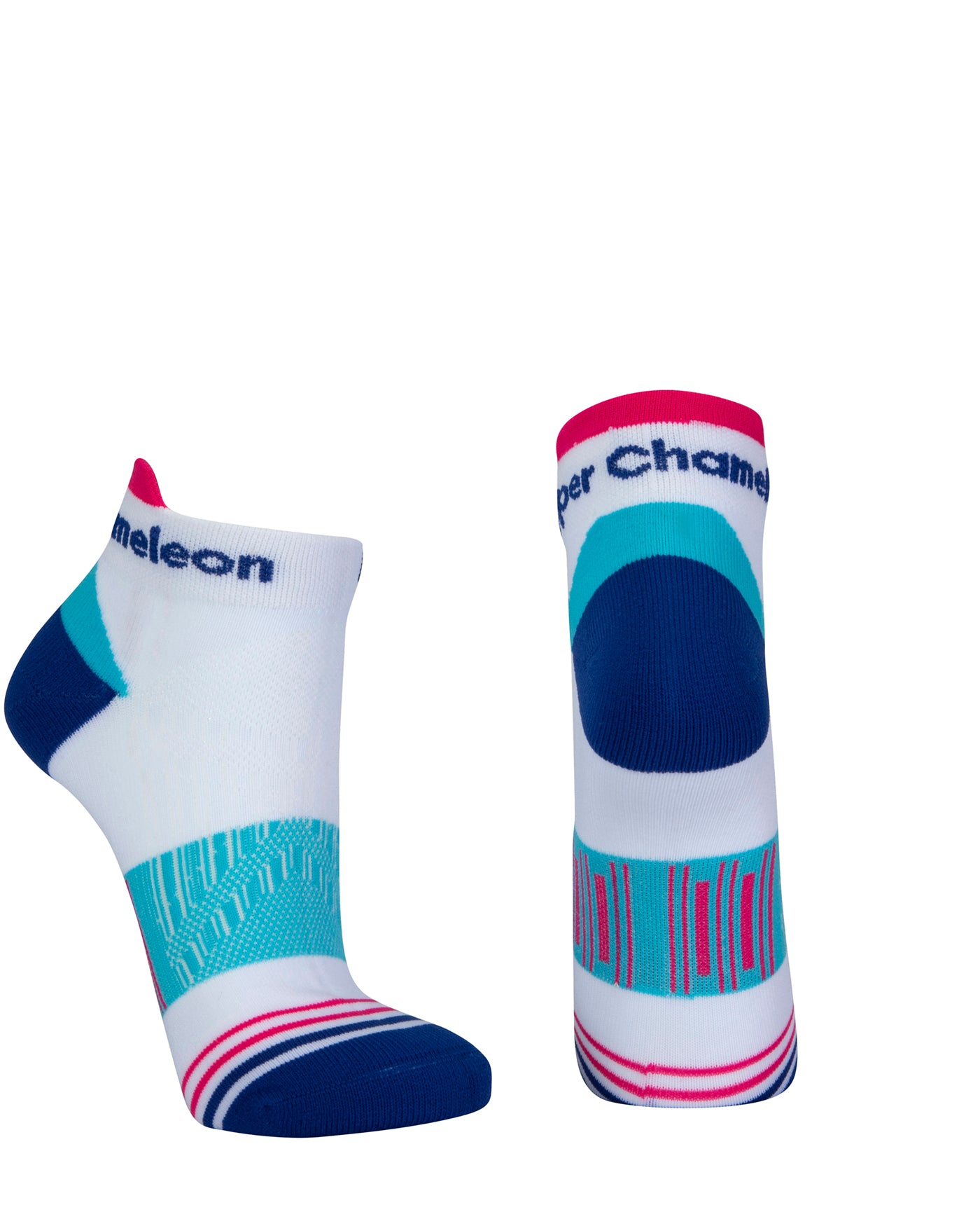 White seamless toe sport sock with sky blue and neon pink stripes with a royal blue cushioned heel and toe and neon pink lip.