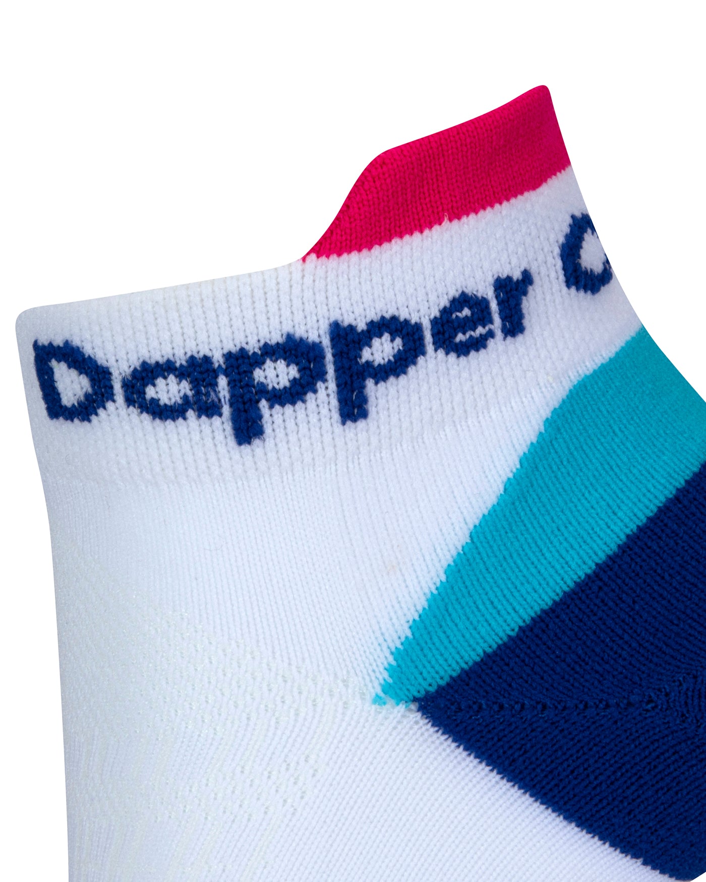 Side view of a white seamless toe sport sock with sky and royal blue cushioned heel and neon pink lip with royal blue Dapper Chameleon wording on the cuff.