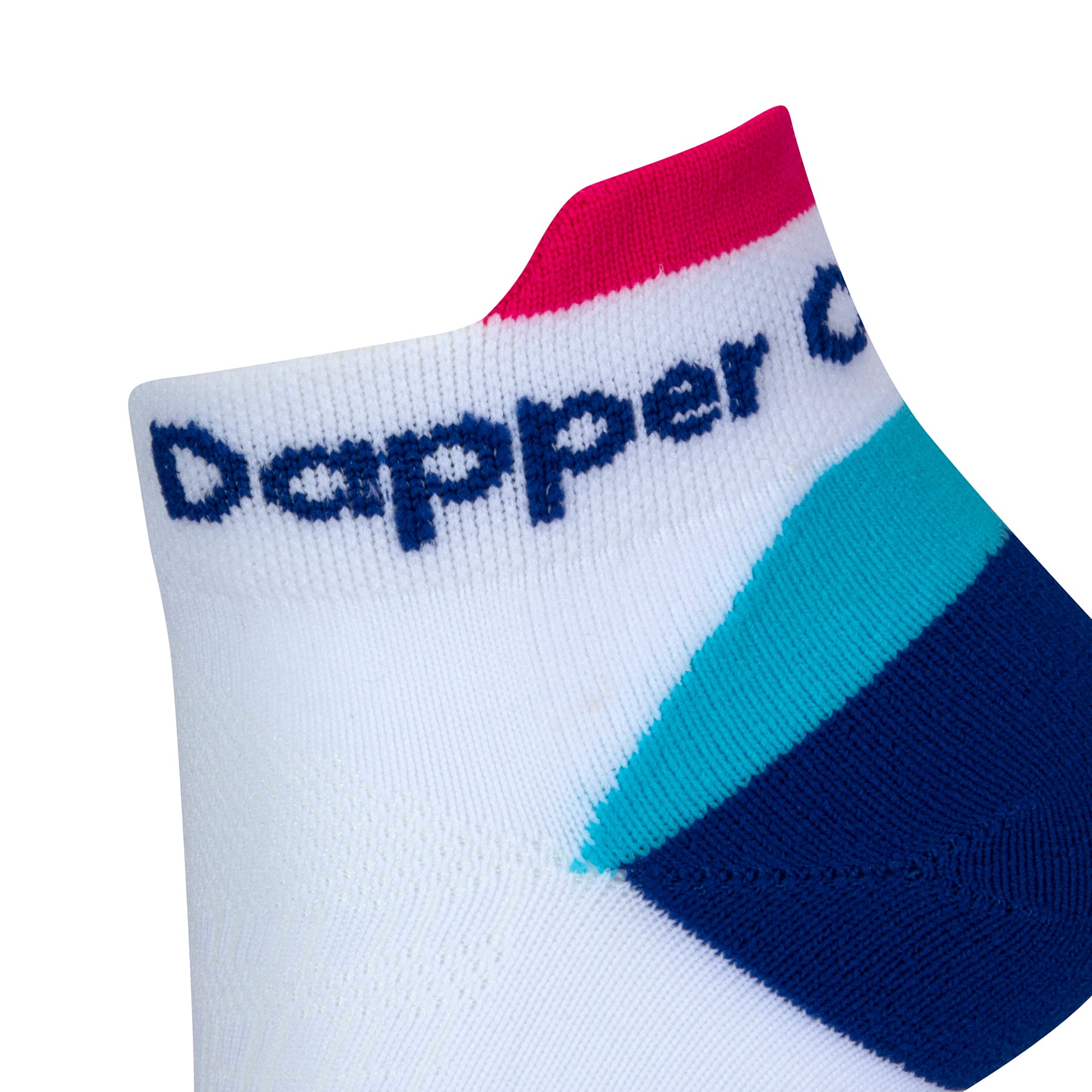 Side view of a white seamless toe sport sock with sky and royal blue cushioned heel and neon pink lip with royal blue Dapper Chameleon wording on the cuff.