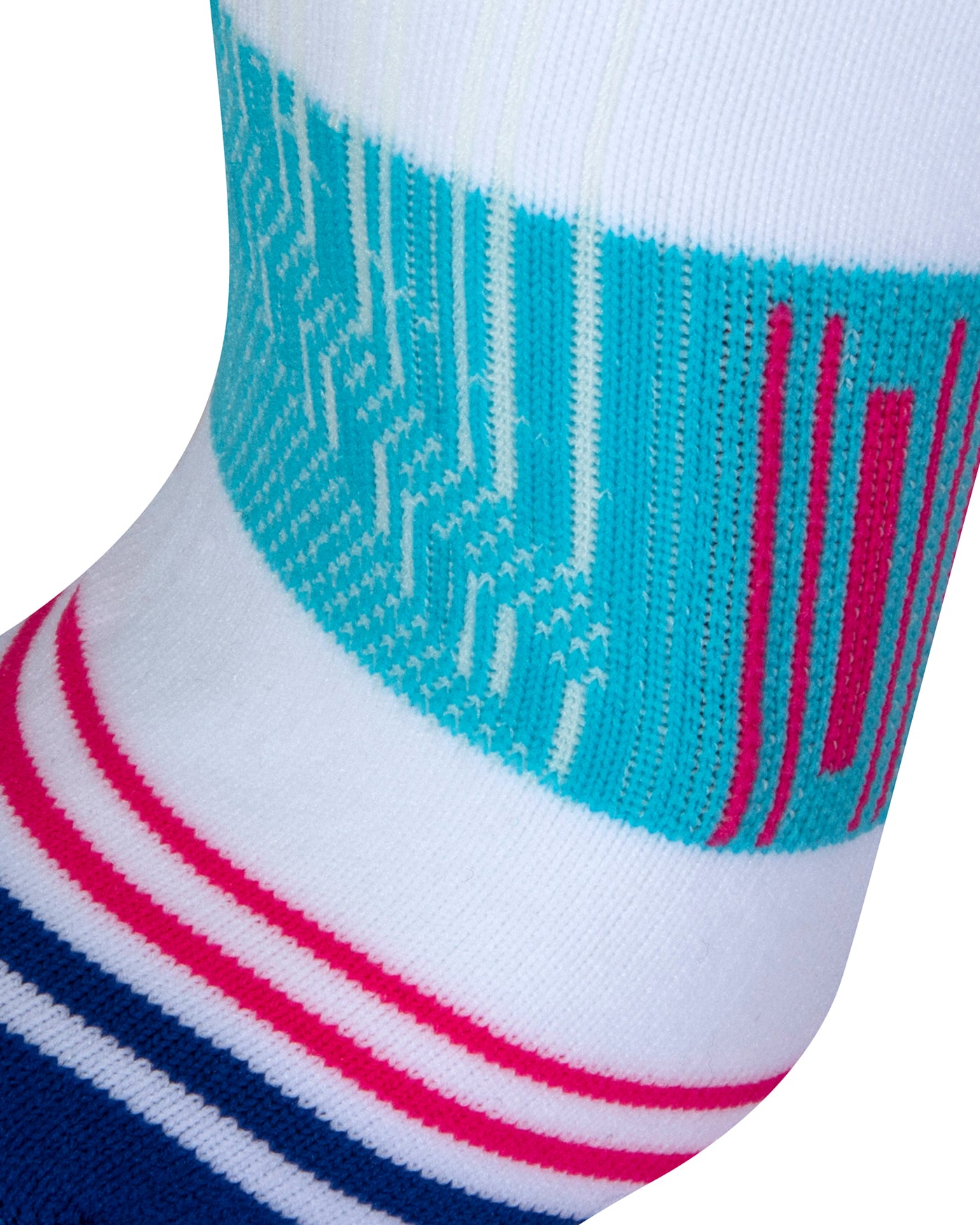 Textured view of a white seamless toe sport sock with sky blue, royal blue and neon pink stripes with a royal blue cushioned toe.