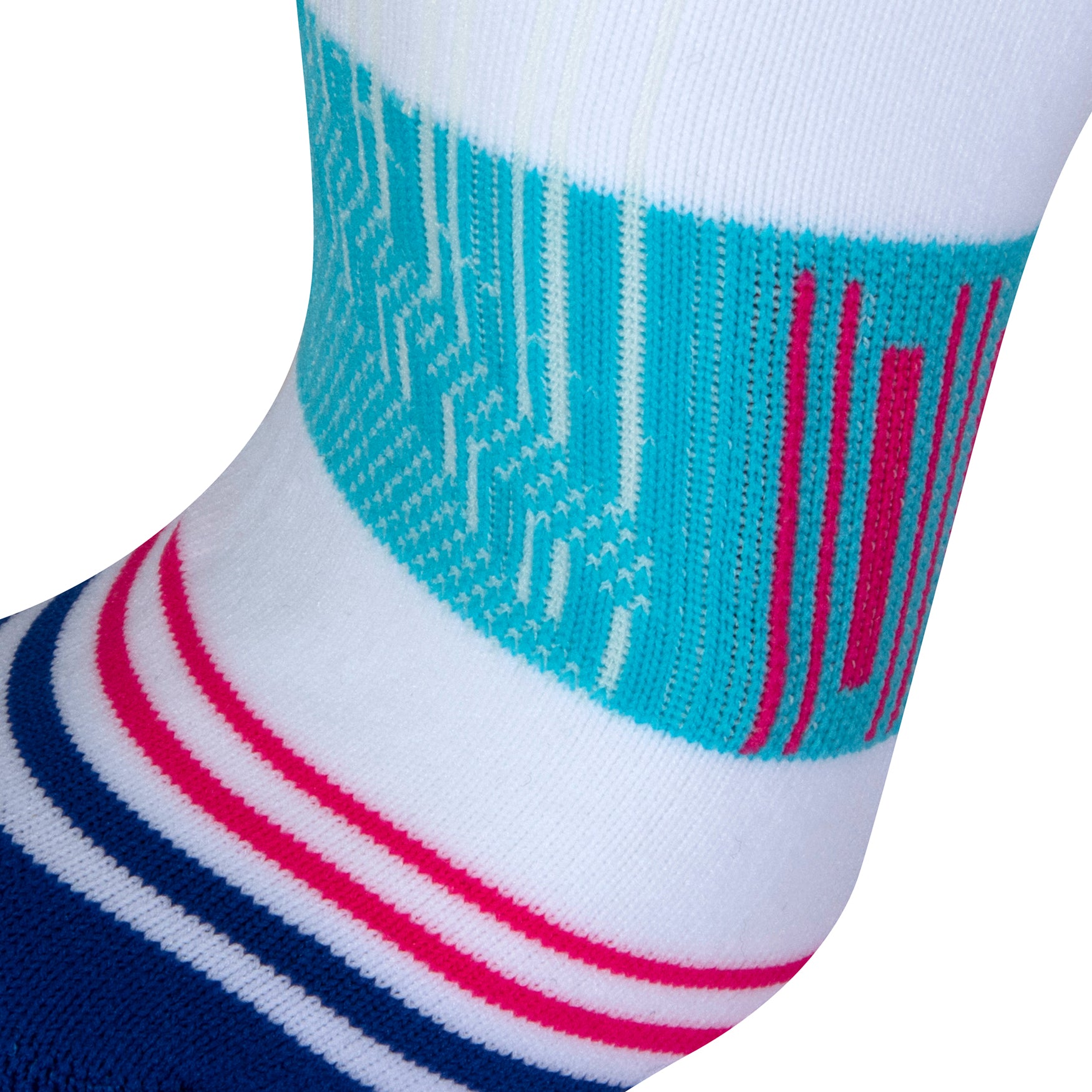 Textured view of a white seamless toe sport sock with sky blue, royal blue and neon pink stripes with a royal blue cushioned toe.