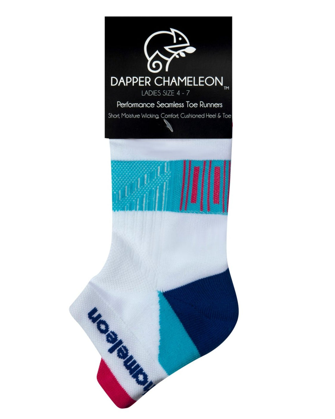 Header card packaging of a white seamless toe sport sock with sky blue and neon pink stripes with a royal blue cushioned heel and toe and neon pink lip.