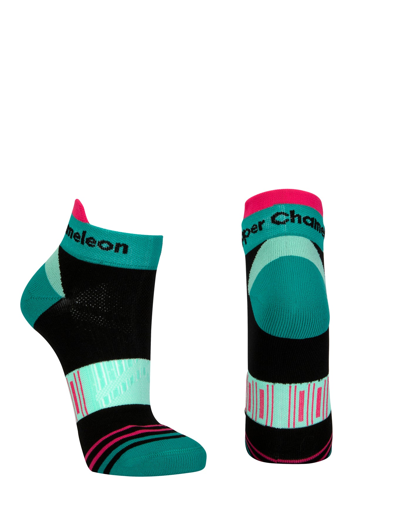 Black seamless toe sport sock with mint and teal green, white and pink stripes with a teal green cushioned heel and toe and neon pink lip.