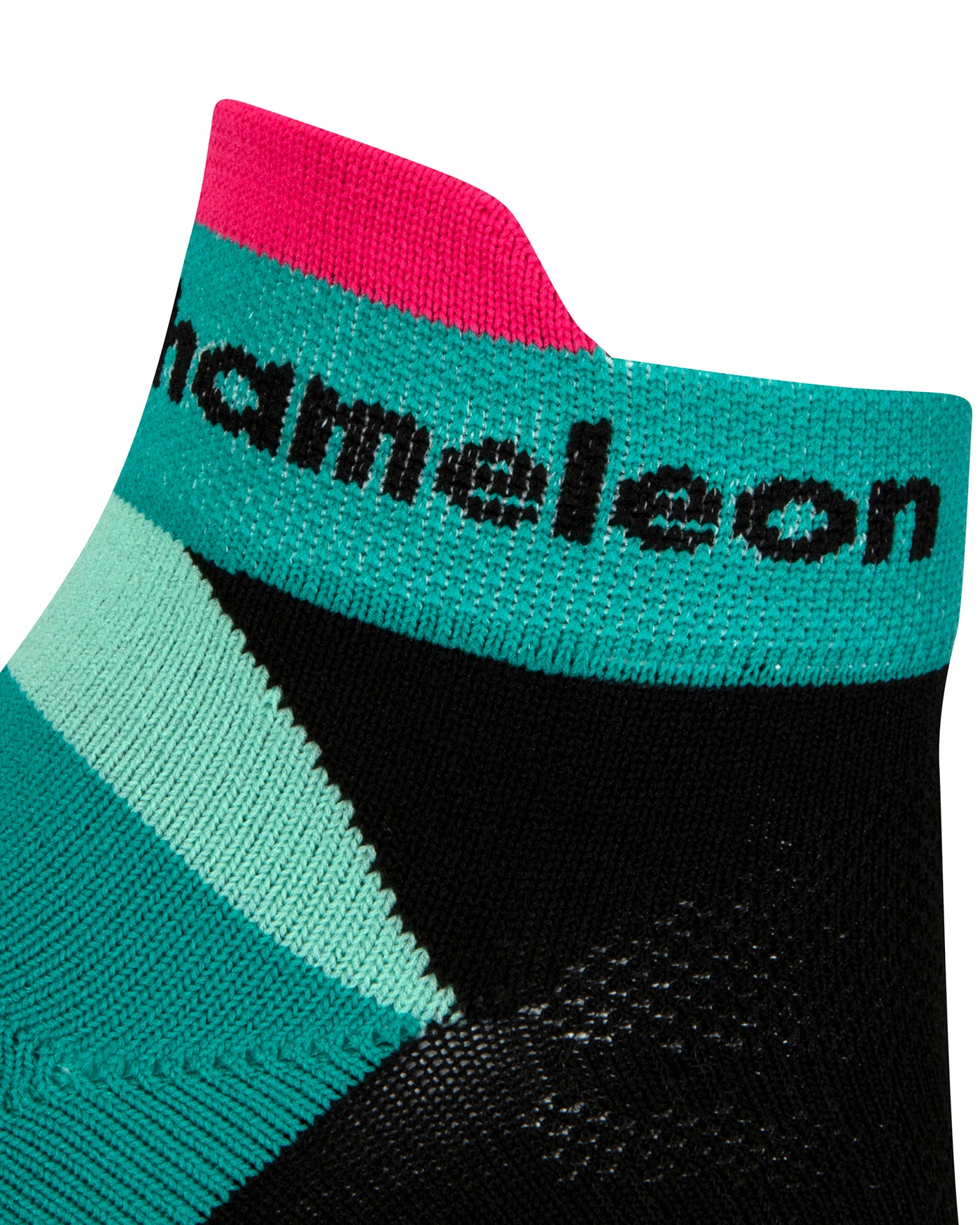 Side view of a black seamless toe sport sock with mint and teal green, white and pink stripes with a teal green cushioned heel and toe and neon pink lip. black Dapper Chameleon wording on the cuff.