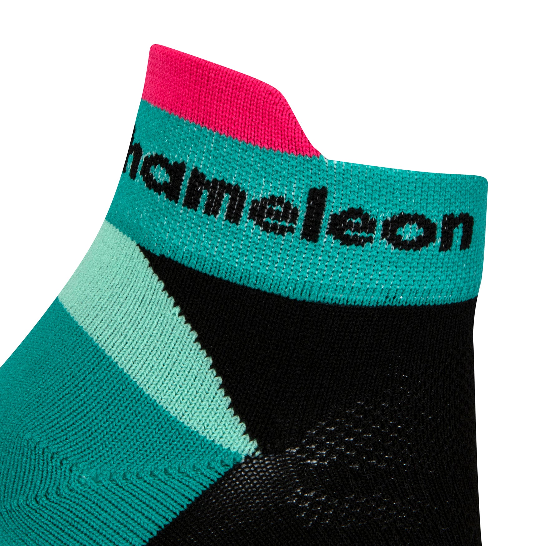 Side view of a black seamless toe sport sock with mint and teal green, white and pink stripes with a teal green cushioned heel and toe and neon pink lip. black Dapper Chameleon wording on the cuff.