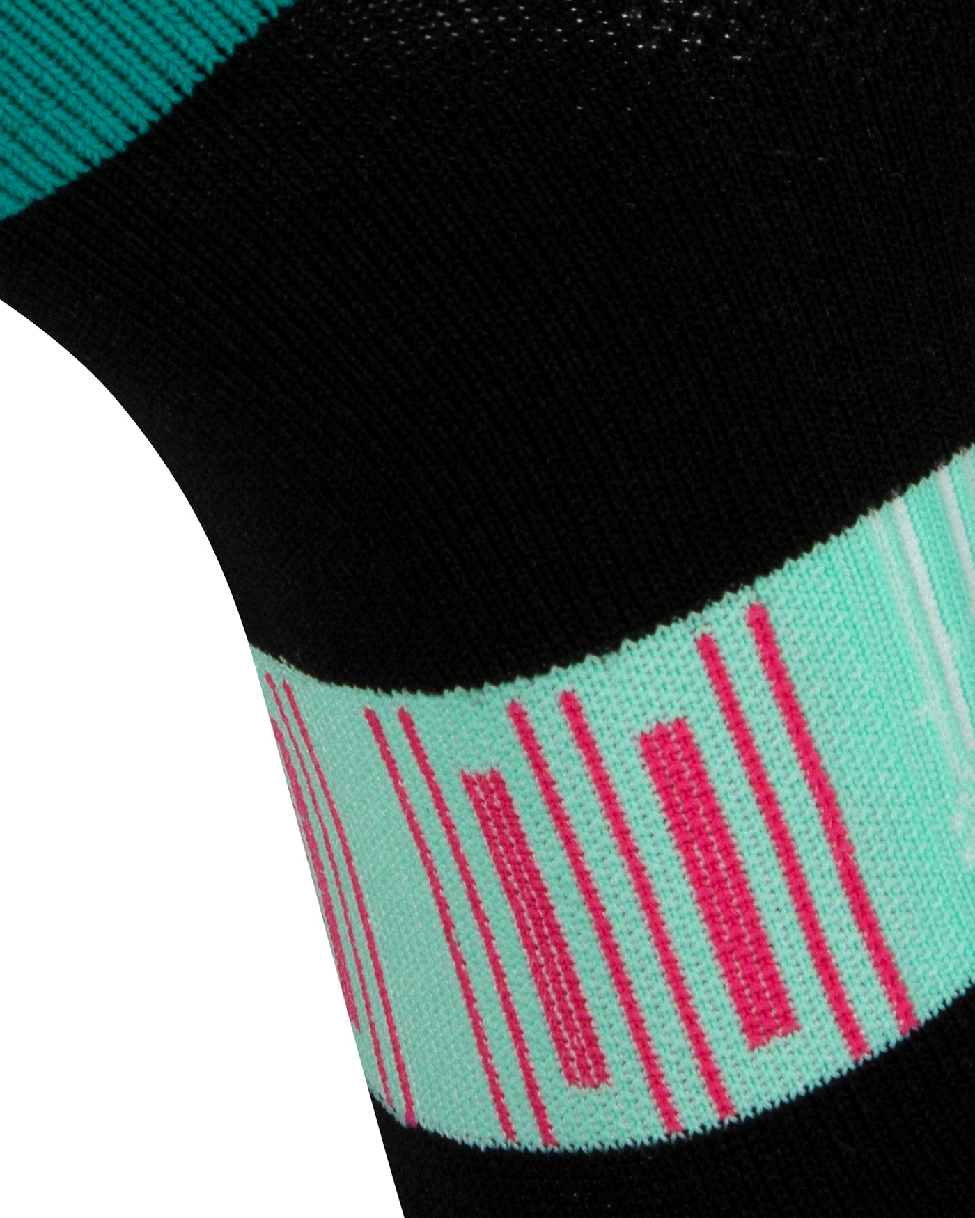 Textured view of a black seamless toe sport sock with mint, white and pink stripes with a teal green cushioned heel.