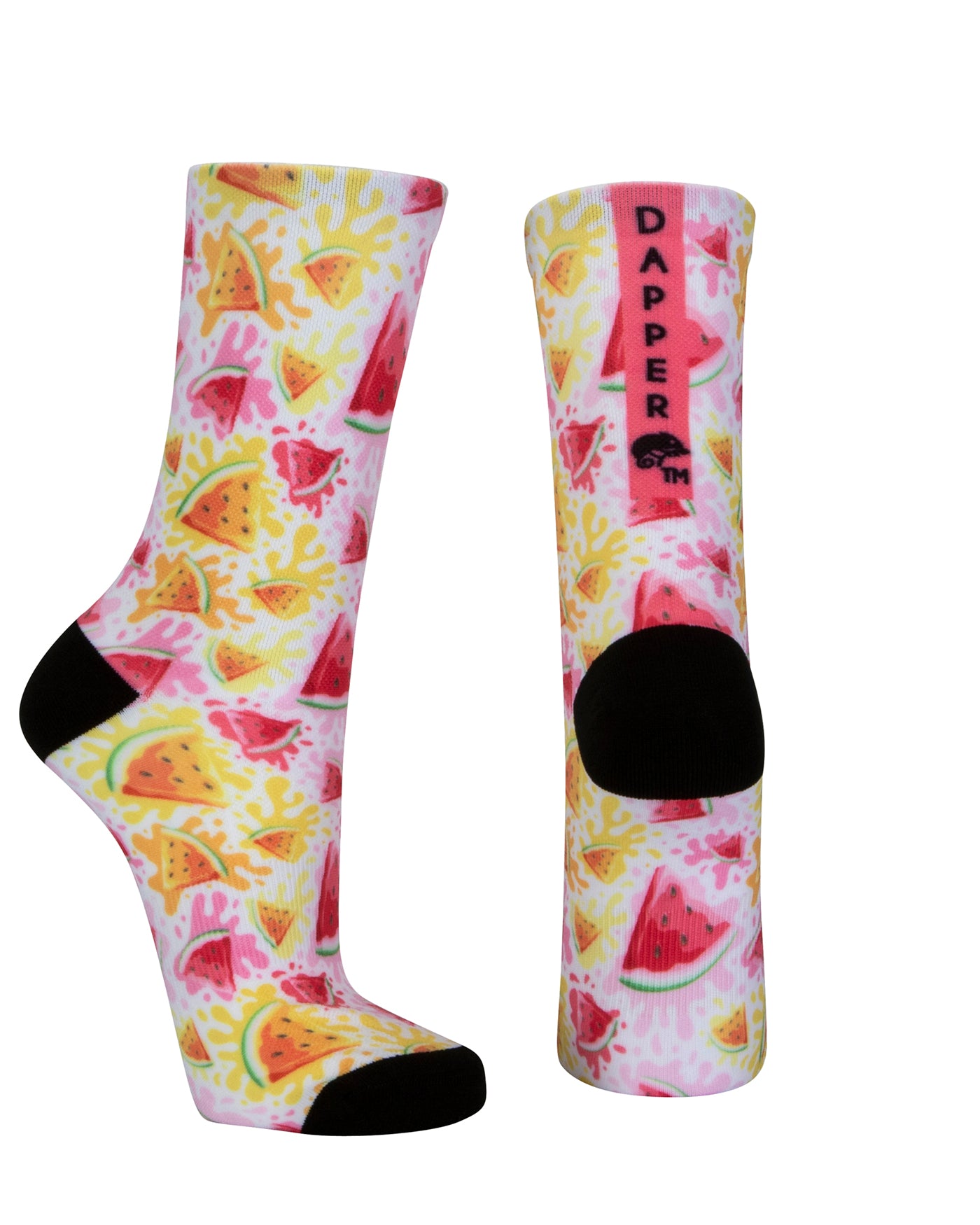 White seamless toe sock with pink and orange watermelon slices and pink, yellow and orange paint splashes design print and black heel and toe.