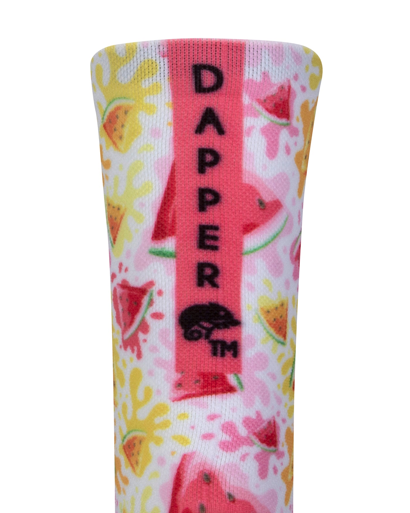Back view of a white seamless toe sock with pink and orange watermelon slices and pink, yellow and orange paint splashes design print with a pink salmon strip with Dapper Chameleon wording and logo in black.