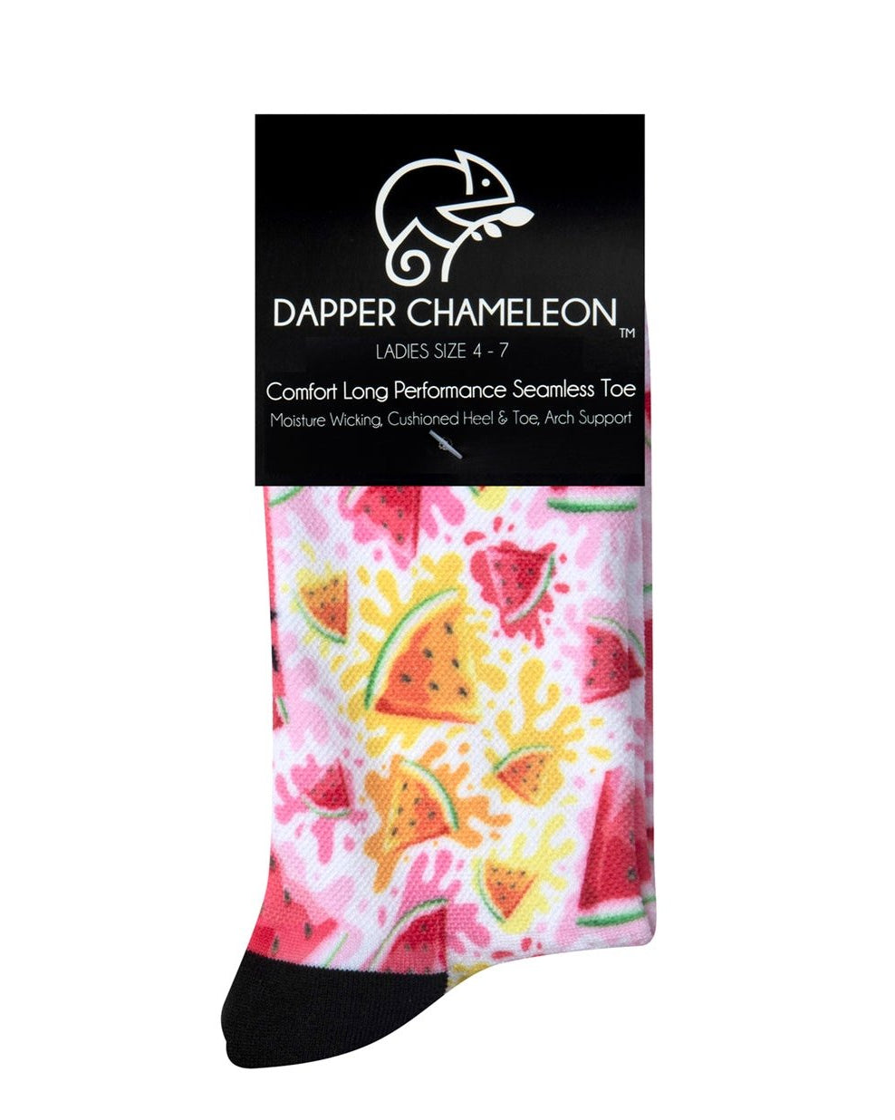 Header card packaging of a white seamless toe sock with pink and orange watermelon slices and pink, yellow and orange paint splashes design print and black heel and toe.
