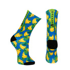 Blue Seamless toe sock with vibrant yellow banana print design with a black heel and toe.