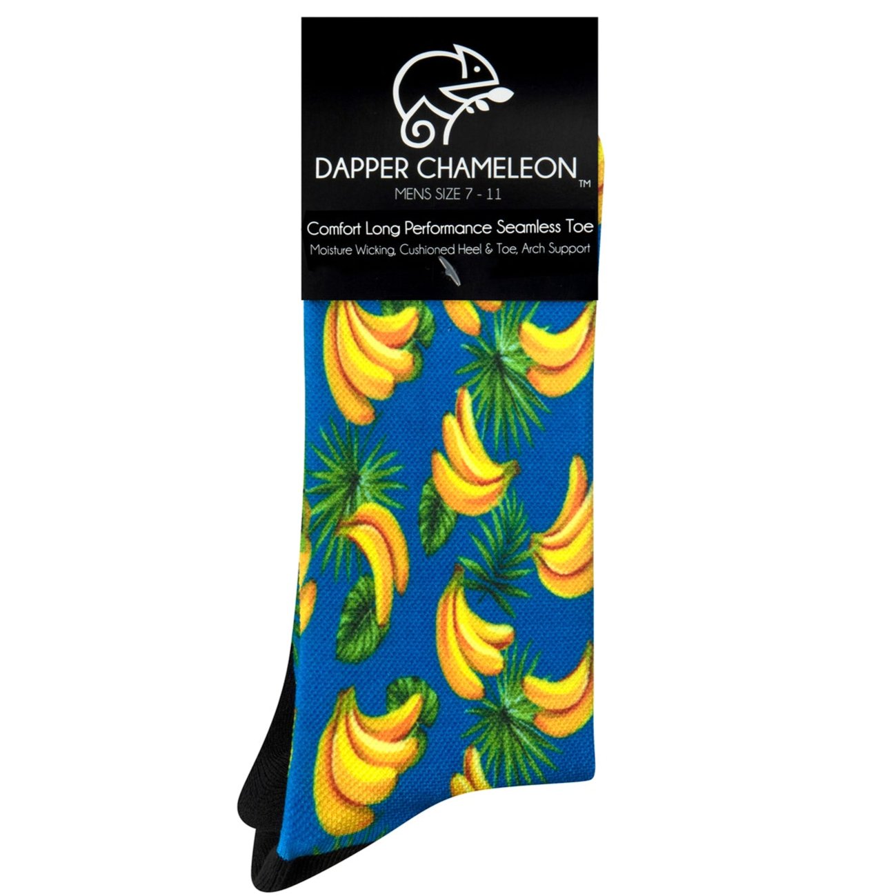 Header card packaging of a blue seamless toe sock with vibrant yellow banana print design with a black heel and toe.