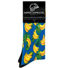 Header card packaging of a blue seamless toe sock with vibrant yellow banana print design with a black heel and toe.