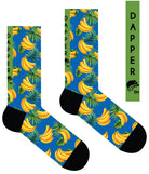 A Computer-Aided Design of a blue seamless toe sock with vibrant yellow banana print design with a black heel and toe.