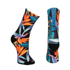 Black seamless toe sock with vibrant green and orange bird of paradise print design with a black heel and toe.