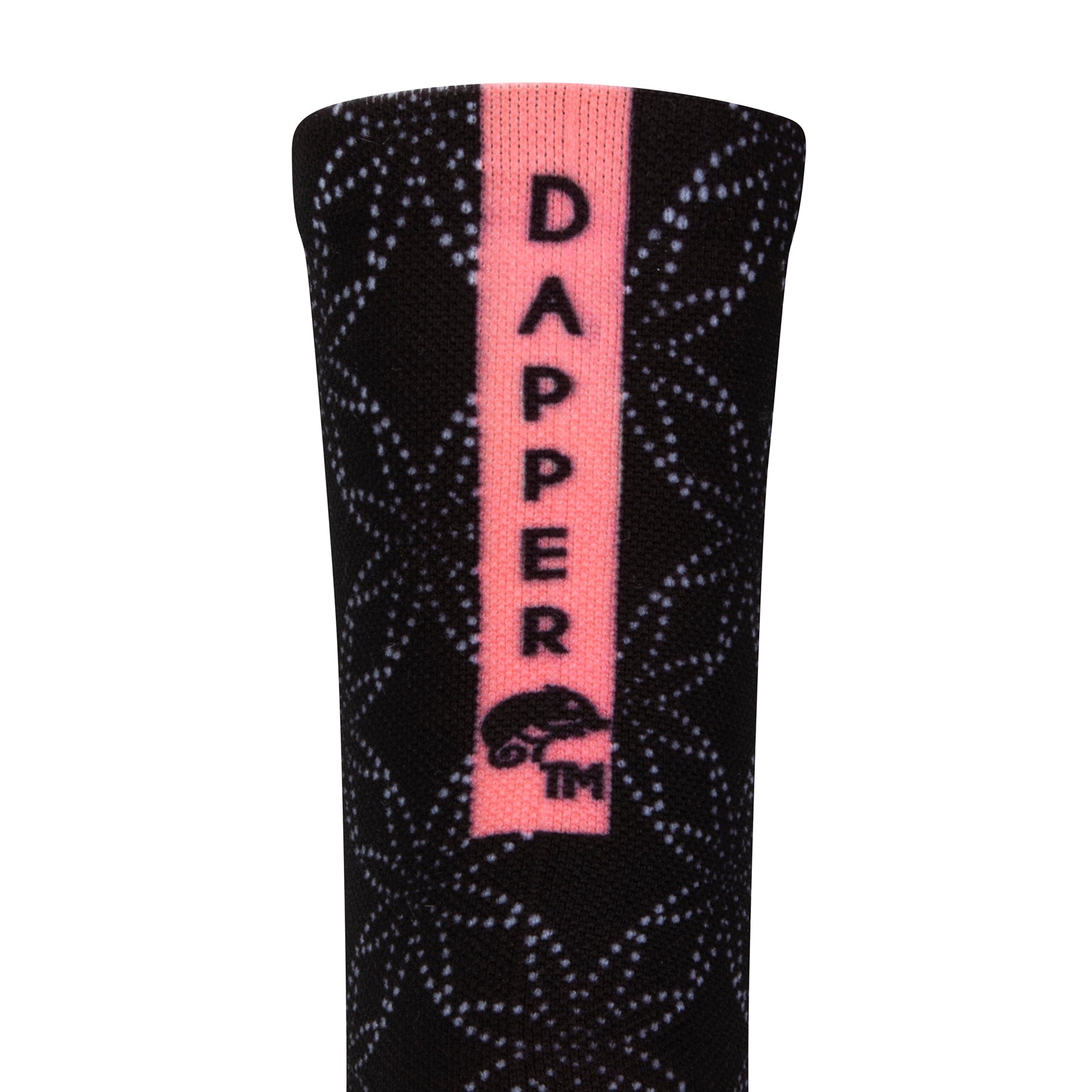 Back view of a Black seamless toe sock with floral white dot print with a pink strip with Dapper Chameleon wording and logo in black.