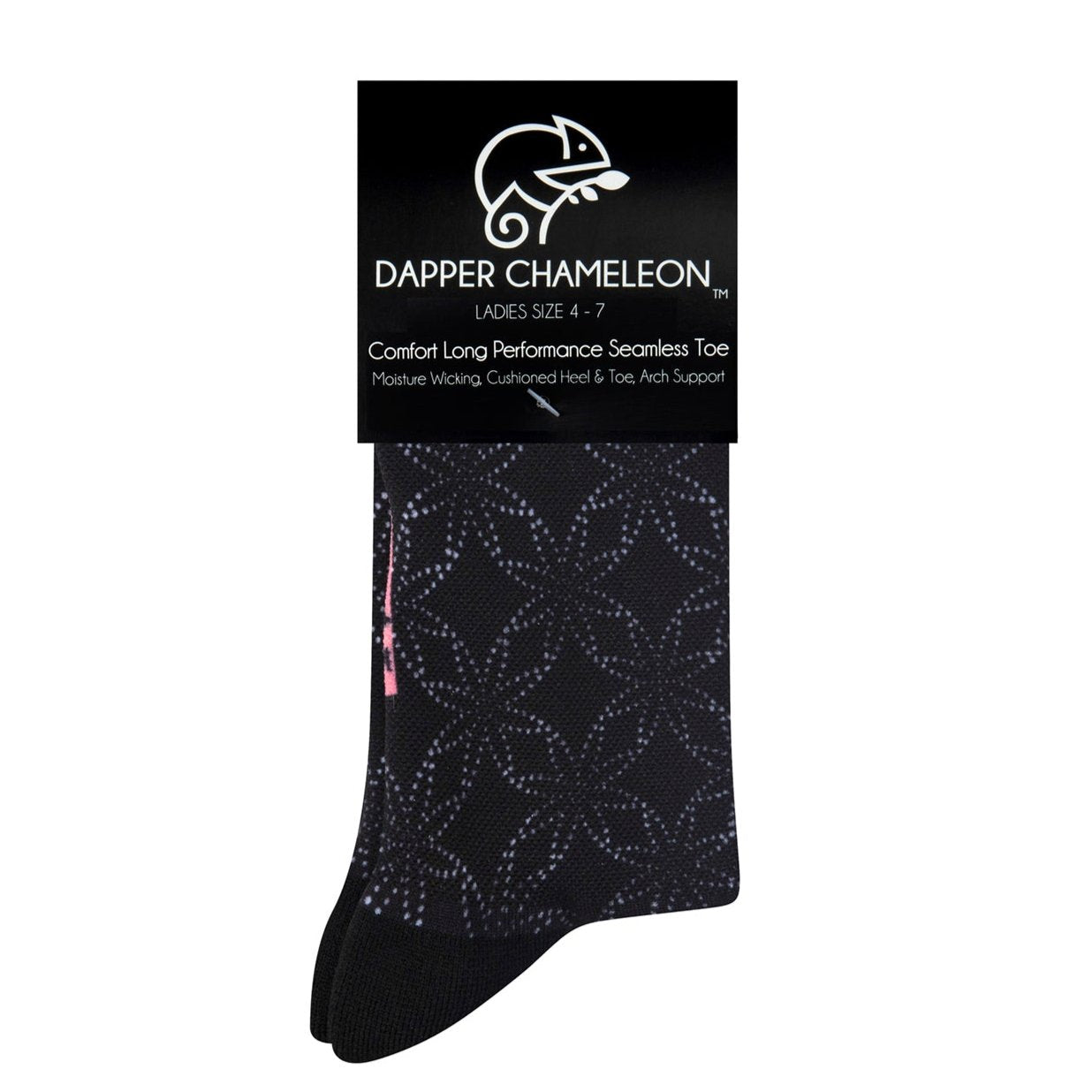 Header card packaging of the Black Floral Dot Bold Active Print black seamless toe sock with floral white dot print and black heel and toe. 