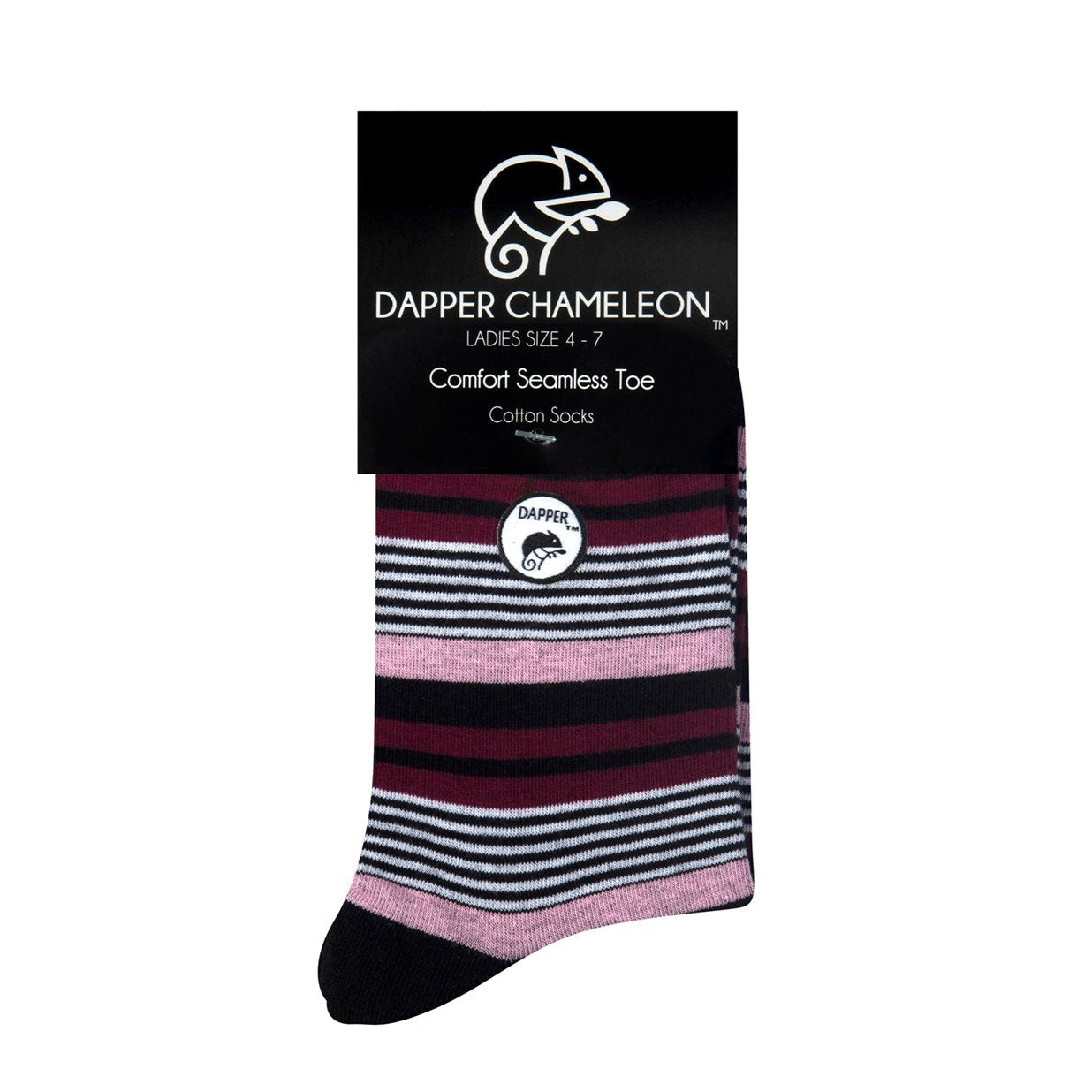 Header card packaging of a combed cotton black seamless toe anklet with pink, maroon, black and white stripes with a black heel and toe.