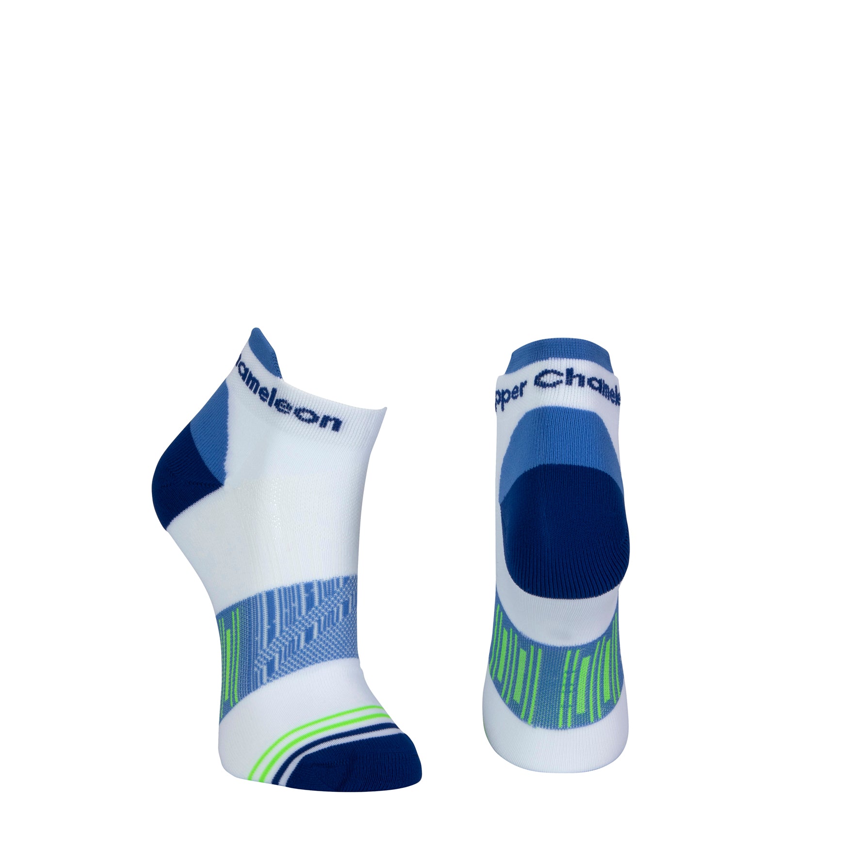 White seamless toe sport sock with blue and neon green stripes with a royal blue cushioned lip, heel and toe.