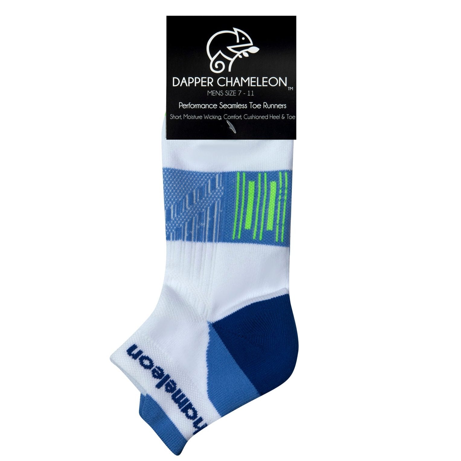 Header card packaging of a white seamless toe sport sock with blue and neon green stripes with a royal blue cushioned lip, heel and toe.