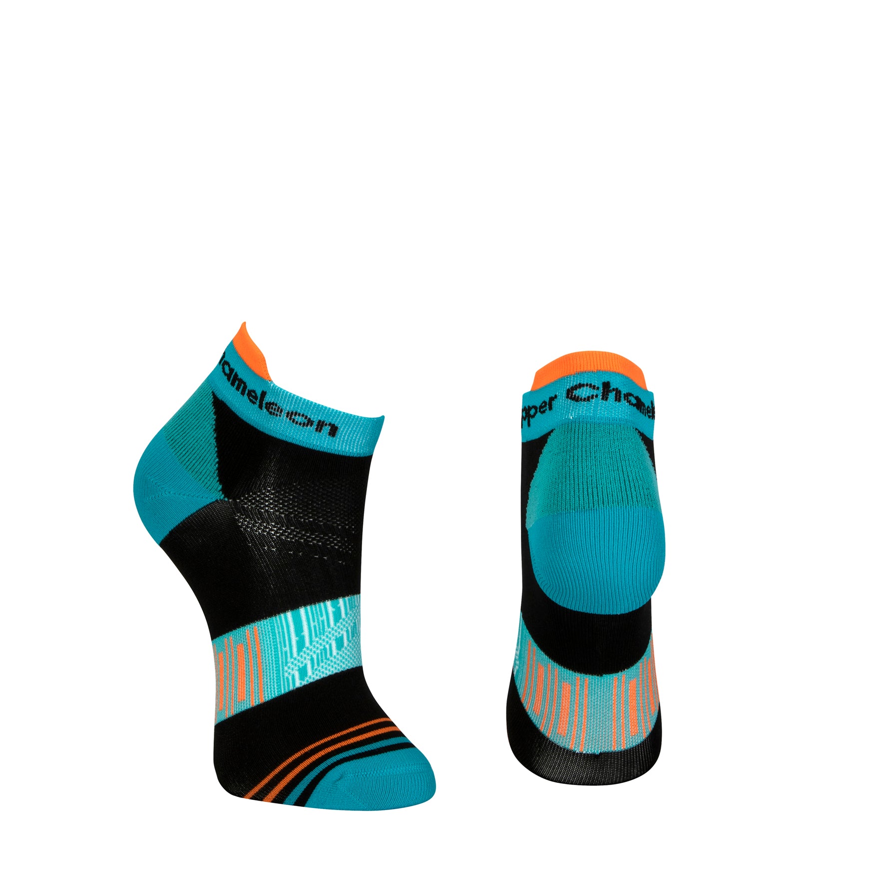 Black seamless toe sport sock with teal green and white, orange stripes with a teal green cushioned heel and toe and bright orange lip.