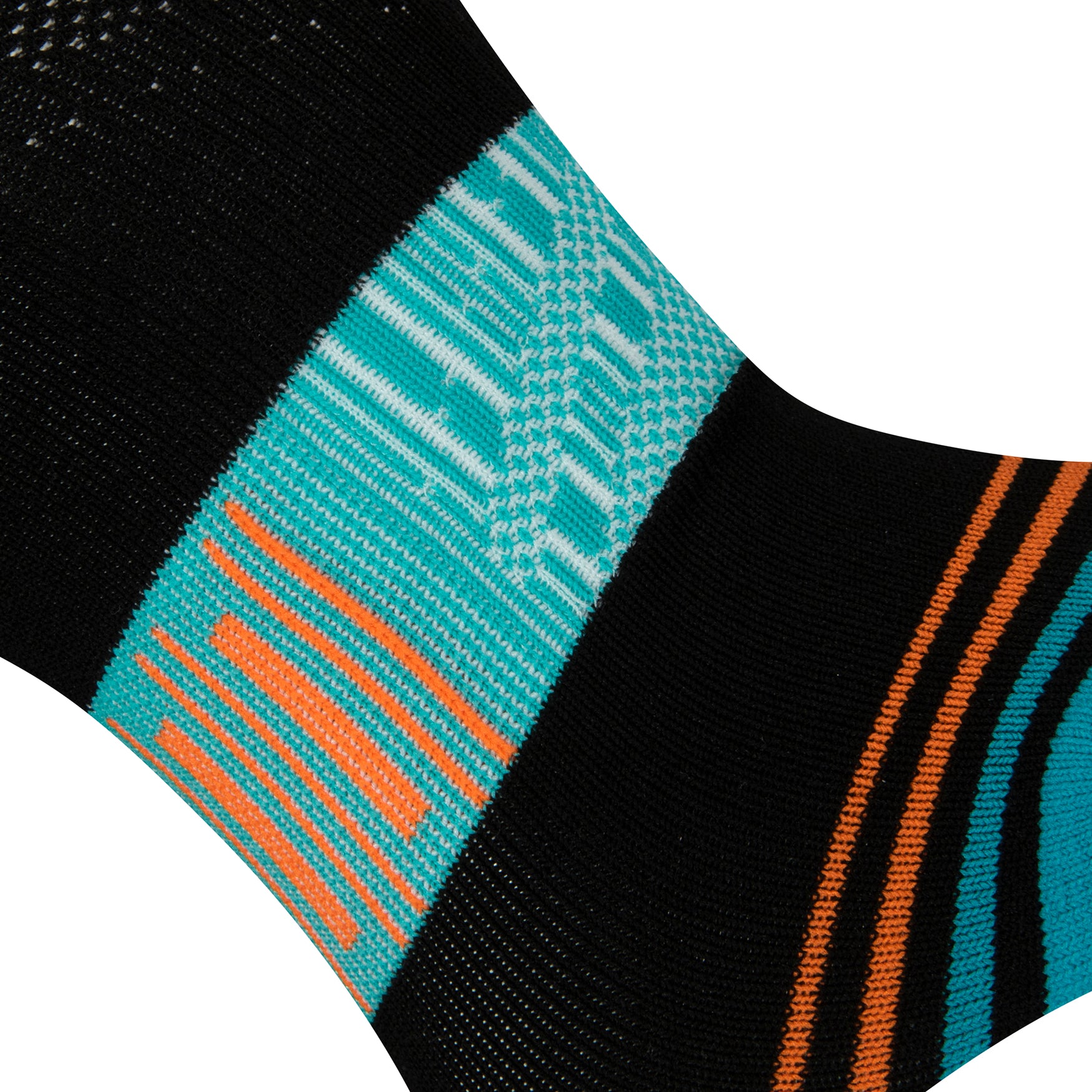 Textured view of a black seamless toe sport sock with teal green, white, orange stripes with a teal green cushioned toe.