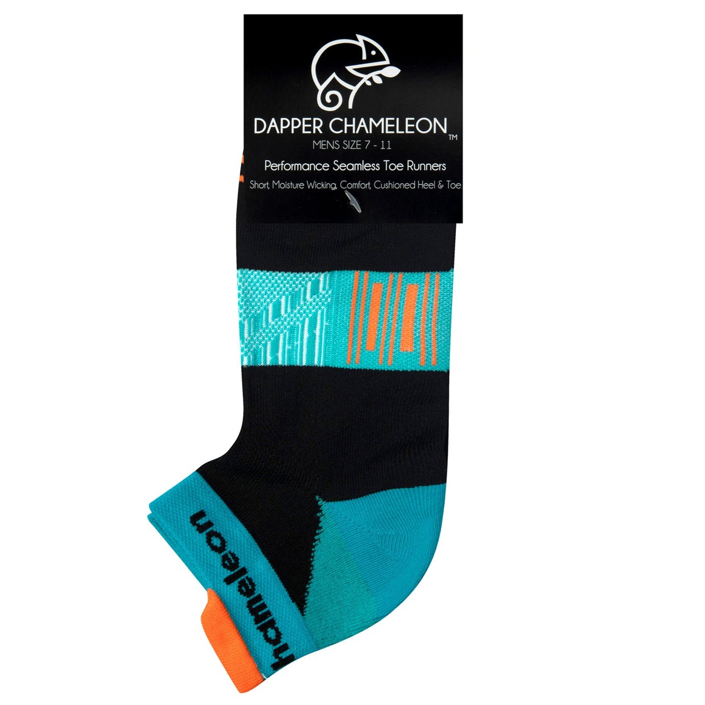 Header card packaging of a black seamless toe sport sock with teal green and white, orange stripes with a teal green cushioned heel and toe and bright orange lip.