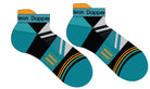 A Computer-Aided Design of a black seamless toe sport sock with teal green and white, orange stripes with a teal green cushioned heel and toe and bright orange lip.