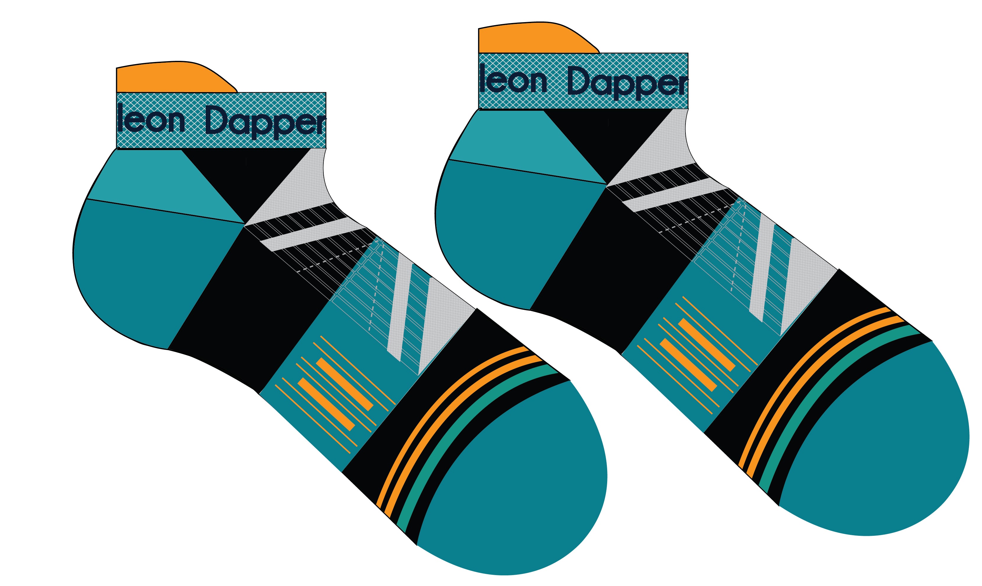 A Computer-Aided Design of a black seamless toe sport sock with teal green and white, orange stripes with a teal green cushioned heel and toe and bright orange lip.