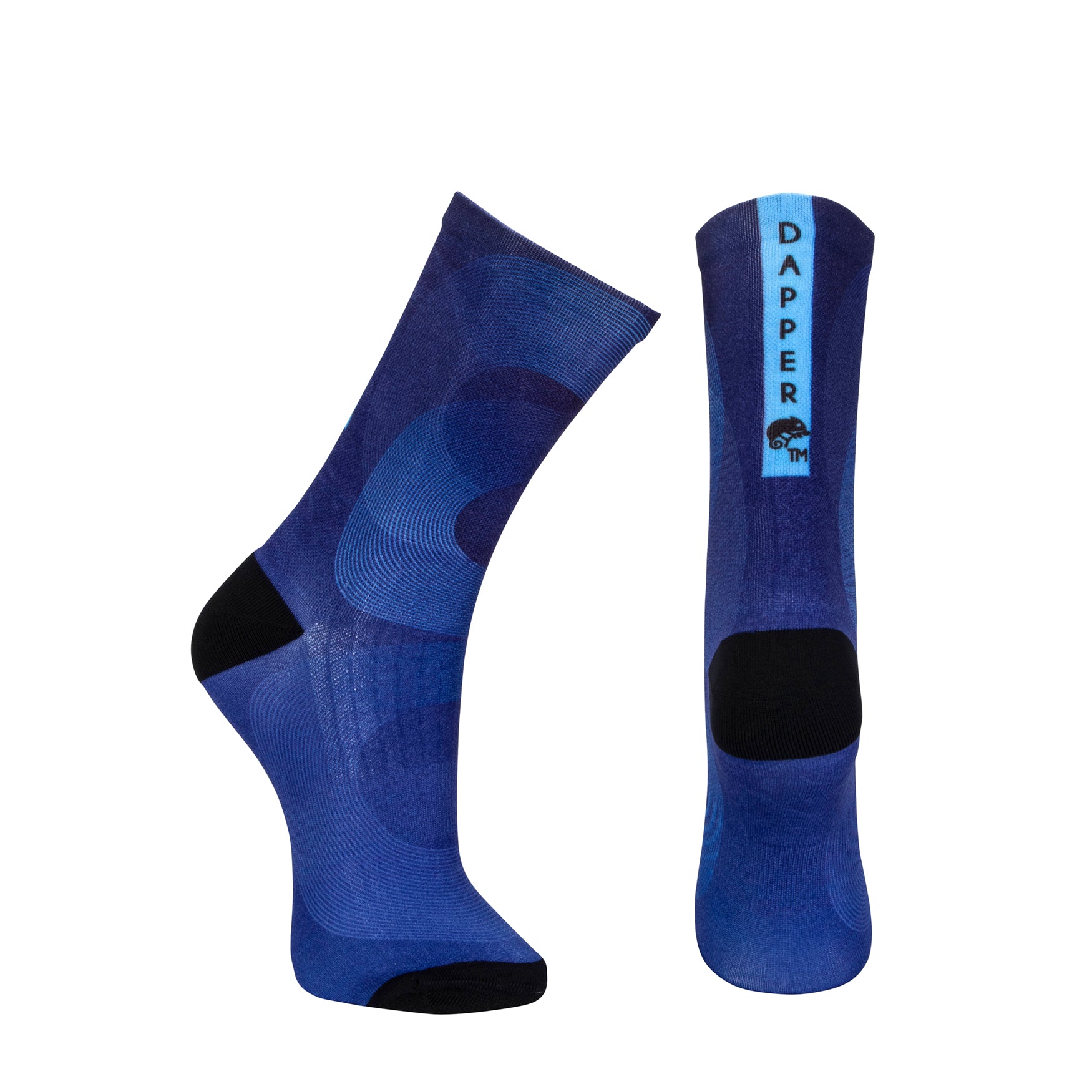 Blue seamless toe sock with abstract print and black heel and toe.