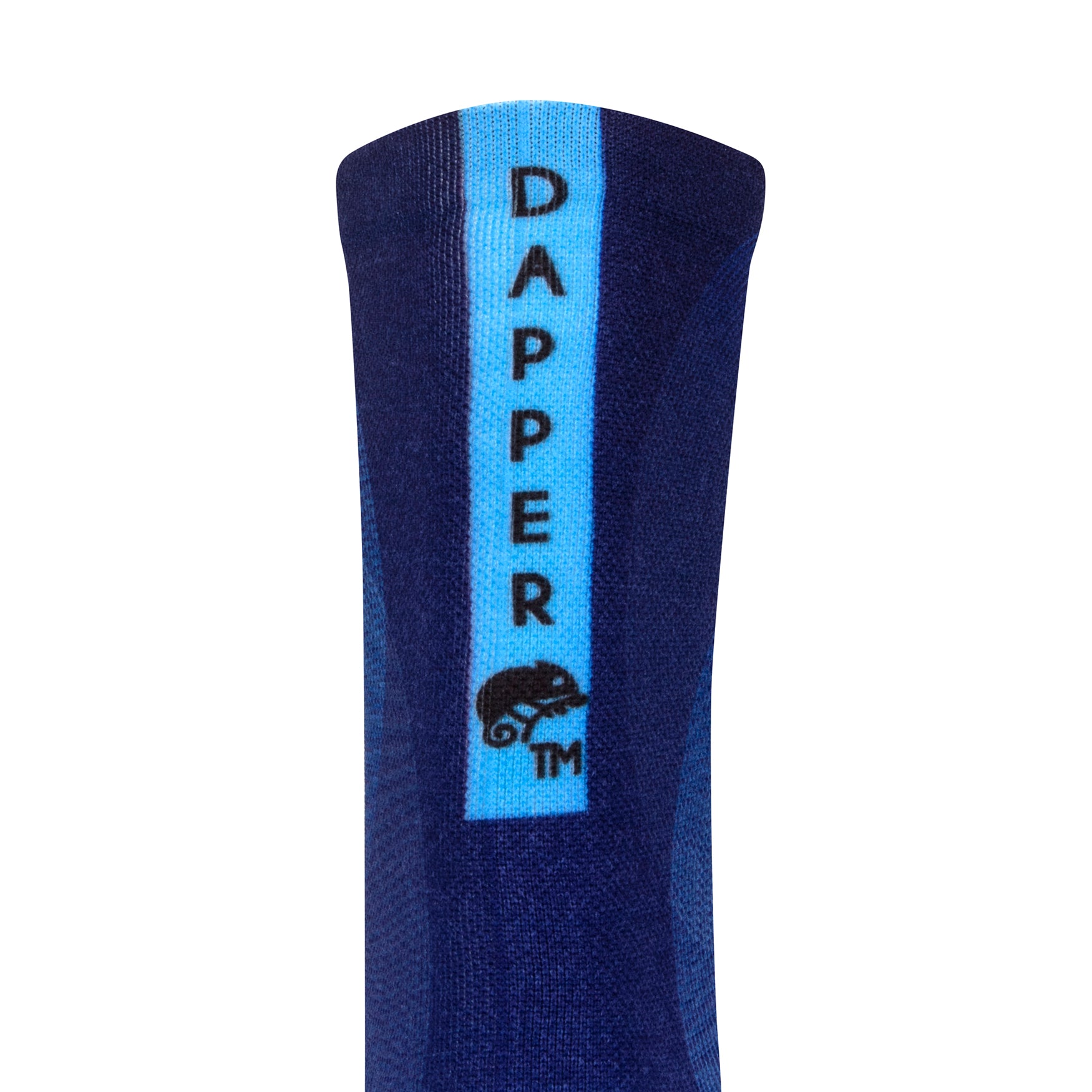 Back view of blue seamless toe sock with abstract print and  a baby blue strip with Dapper Chameleon wording and logo in black.