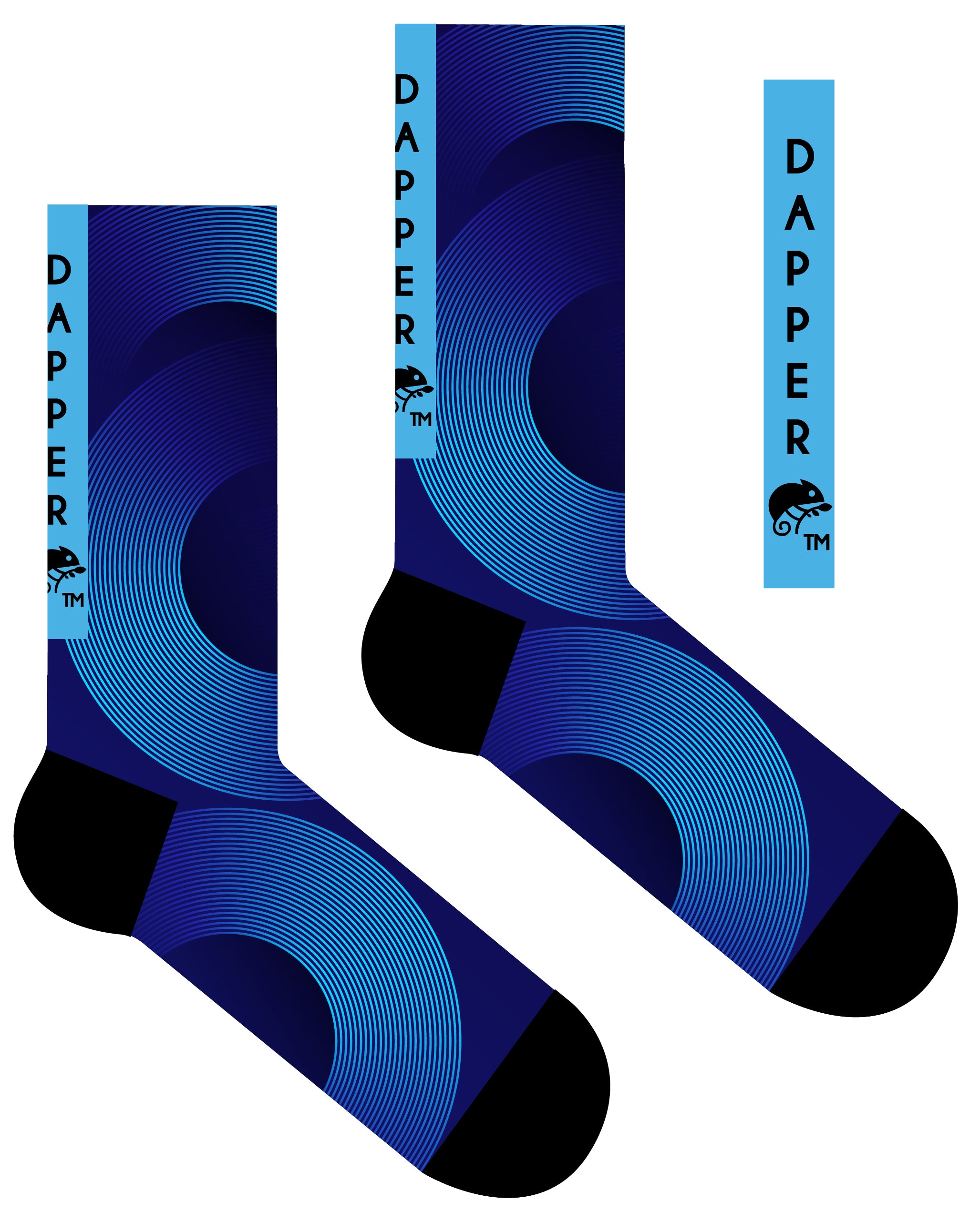 A Computer-Aided Design of the blue seamless toe sock with abstract print and black heel and toe.