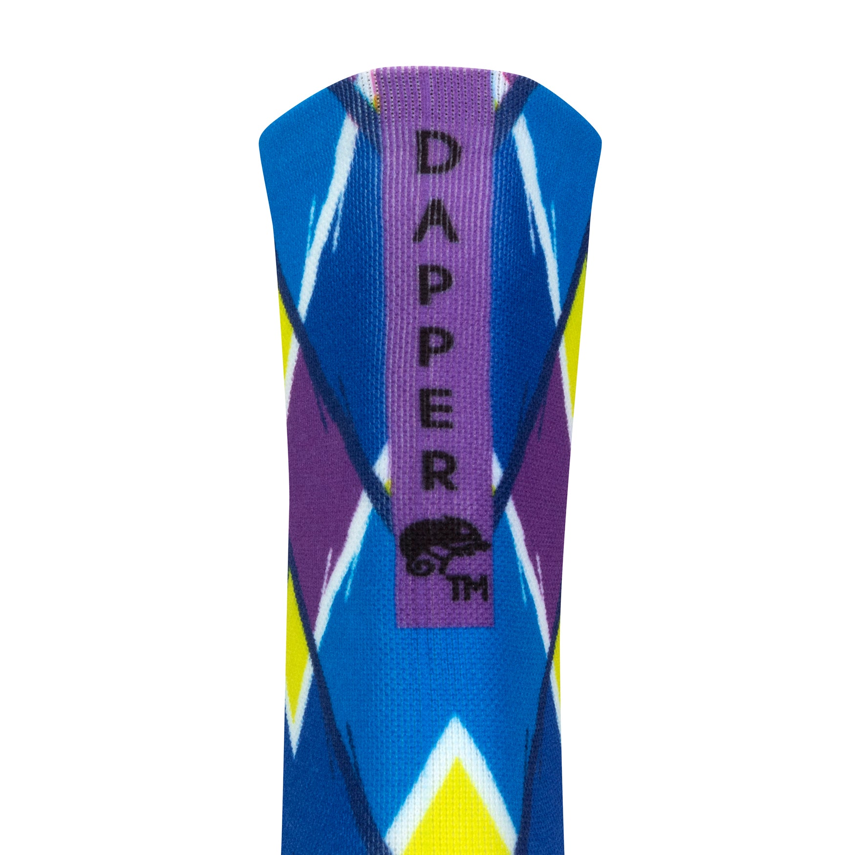 Back view of blue seamless toe sock with blue, purple and yellow geometric print design and a purple strip with Dapper Chameleon wording and logo in black.