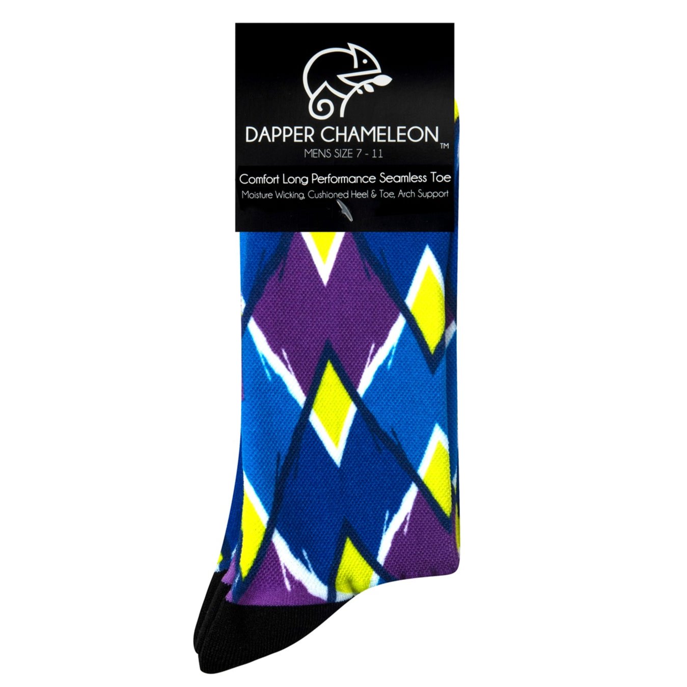 Header card packaging of the Blue Diamond Bold Active Print blue seamless toe sock blue, purple and yellow geometric print and black heel and toe. 