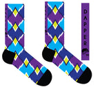 A Computer-Aided Design of the blue seamless toe sock with blue, purple and yellow geometric print and black heel and toe.