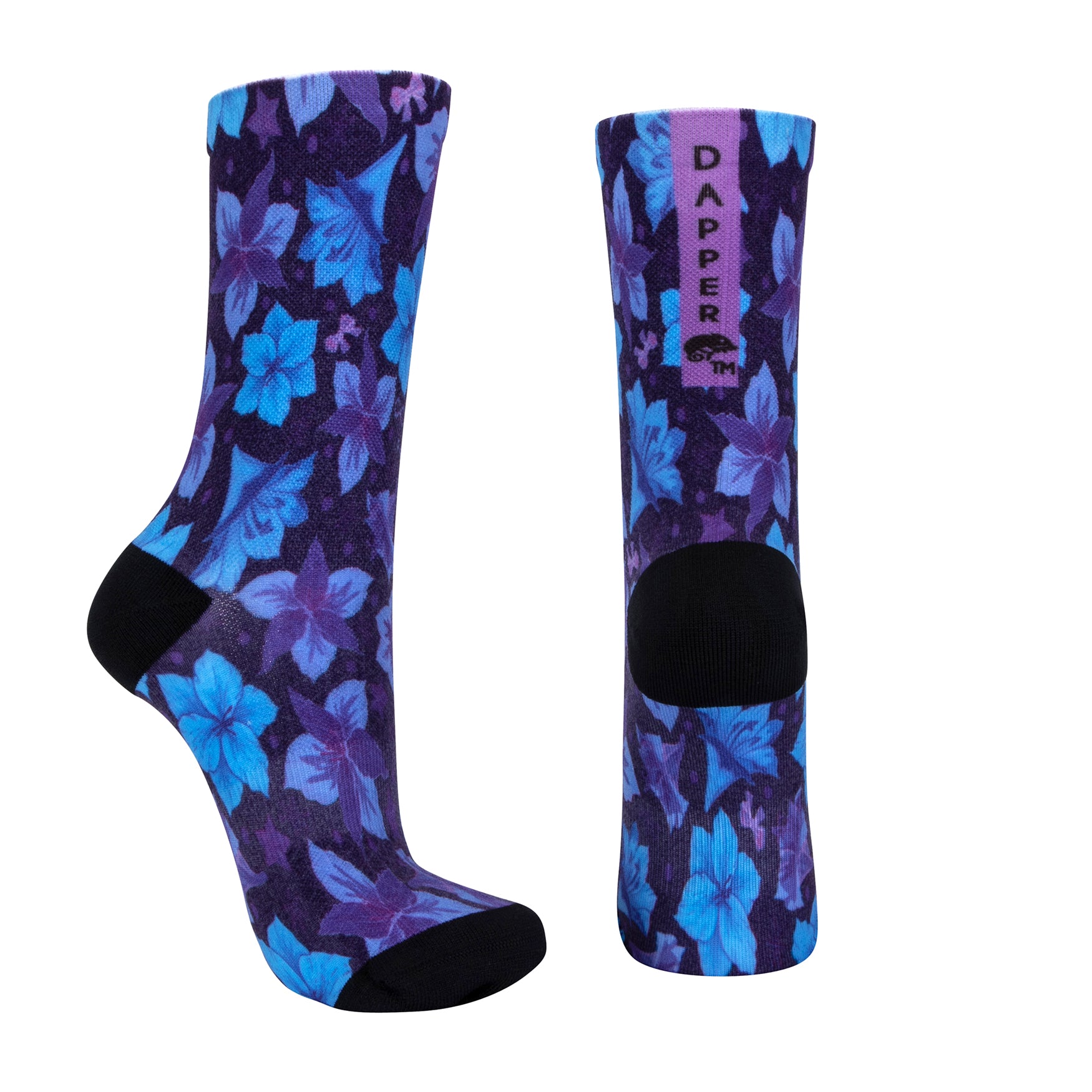 Blue seamless toe sock with blue and purple floral print design and black heel and toe.