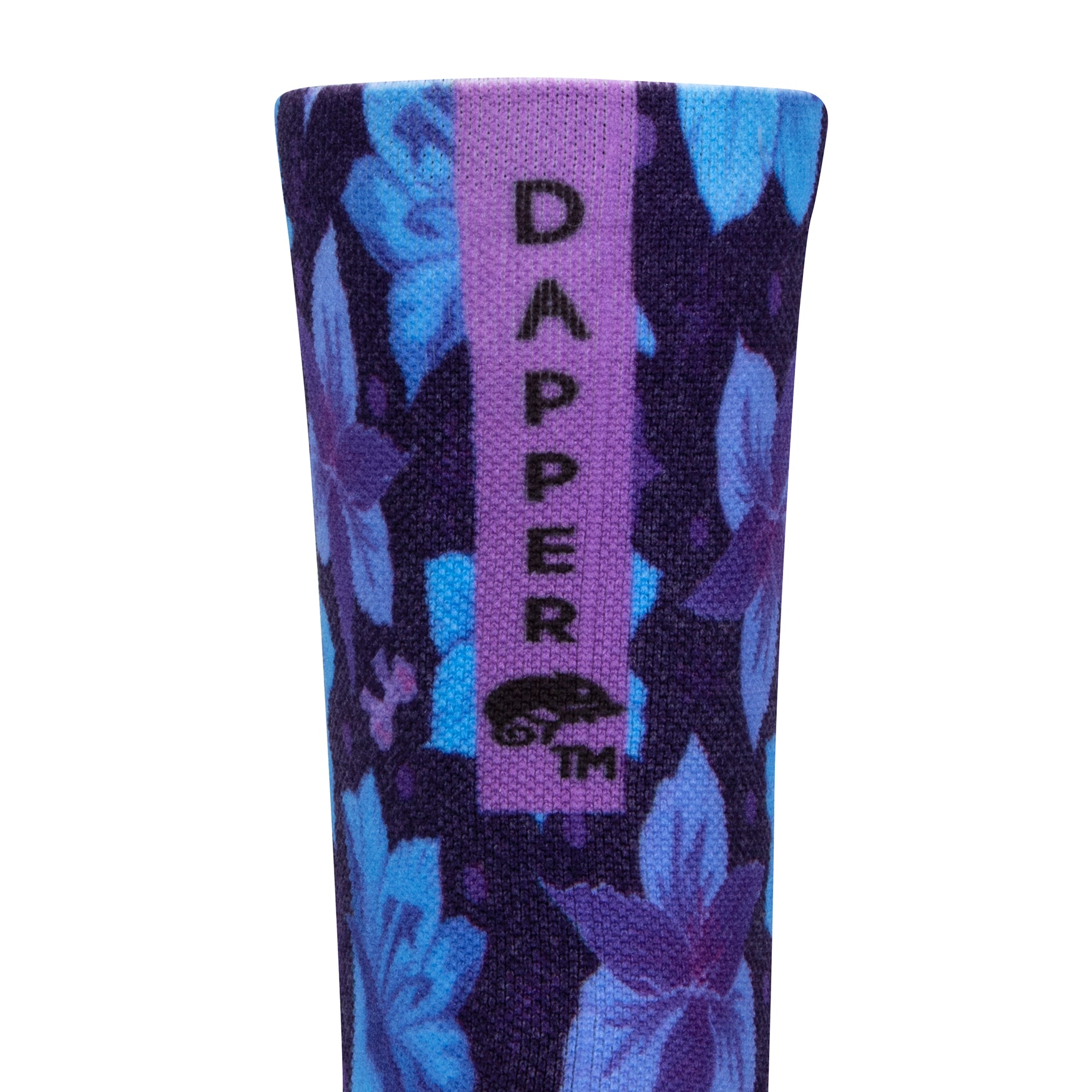 Back view of blue seamless toe sock with blue and purple floral print design and a purple strip with Dapper Chameleon wording and logo in black.