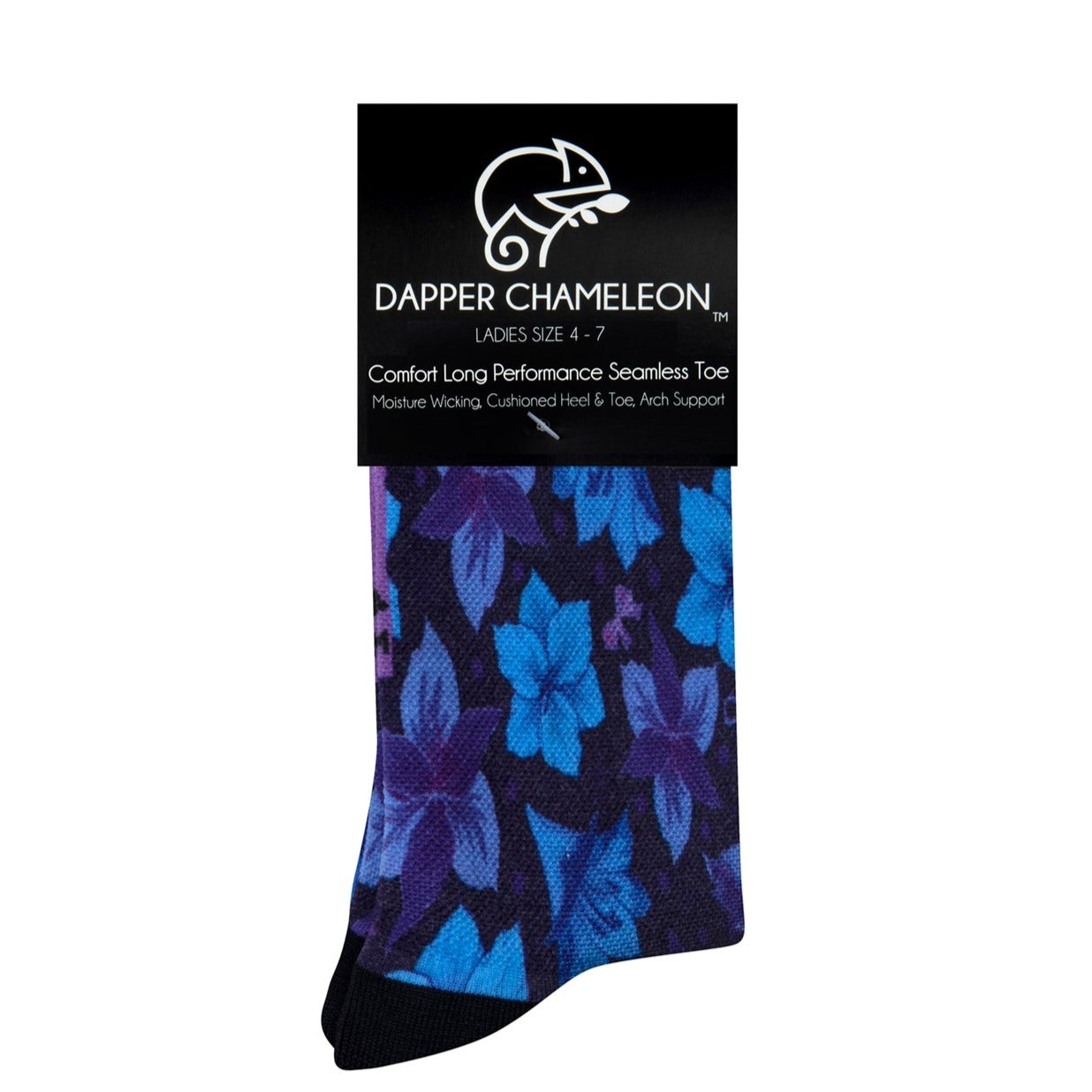 Header card packaging of the Blue Floral Bold Active Print blue Blue seamless toe sock with blue and purple floral print design and black heel and toe.