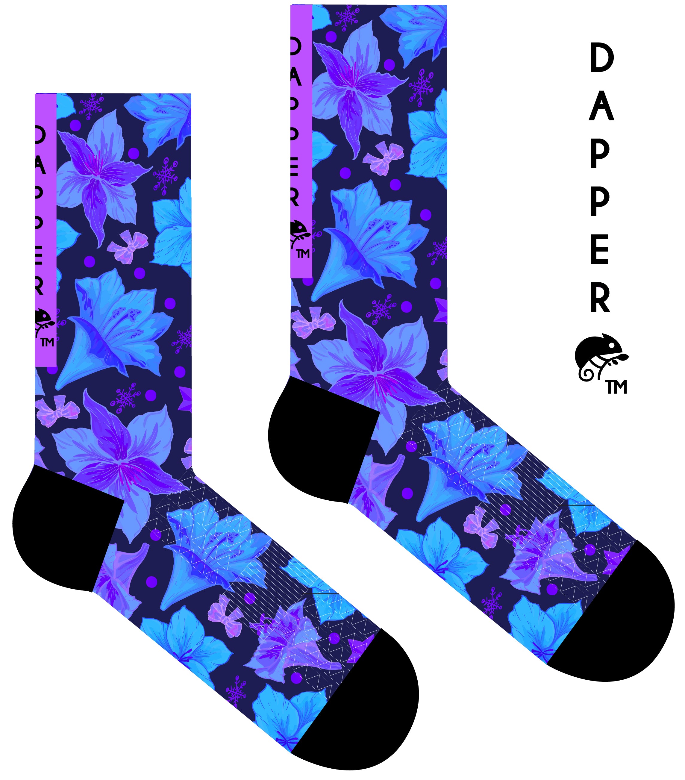 A Computer-Aided Design of the blue seamless toe sock with blue and purple floral print design and black heel and toe.