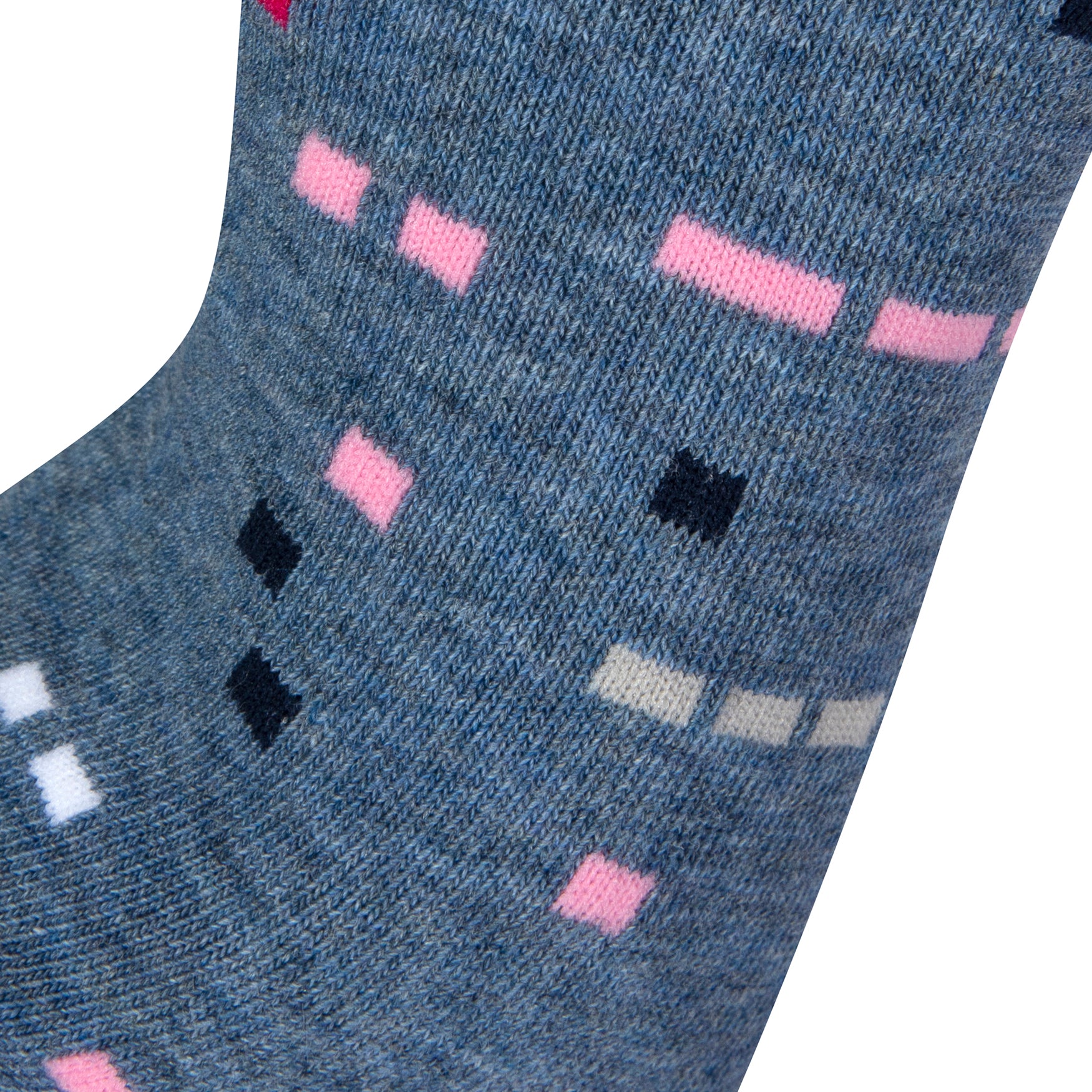 Textured view of a combed cotton blue melange seamless toe anklet with pink, grey, black and white dots.