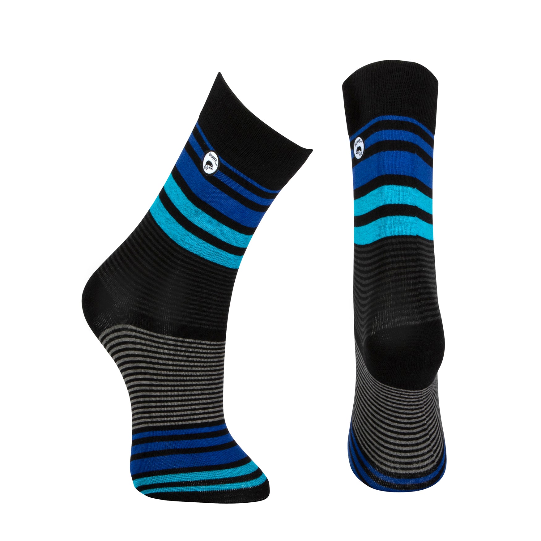 Combed cotton black seamless toe anklet with royal and sky blue and grey stripes with a black heel and toe.