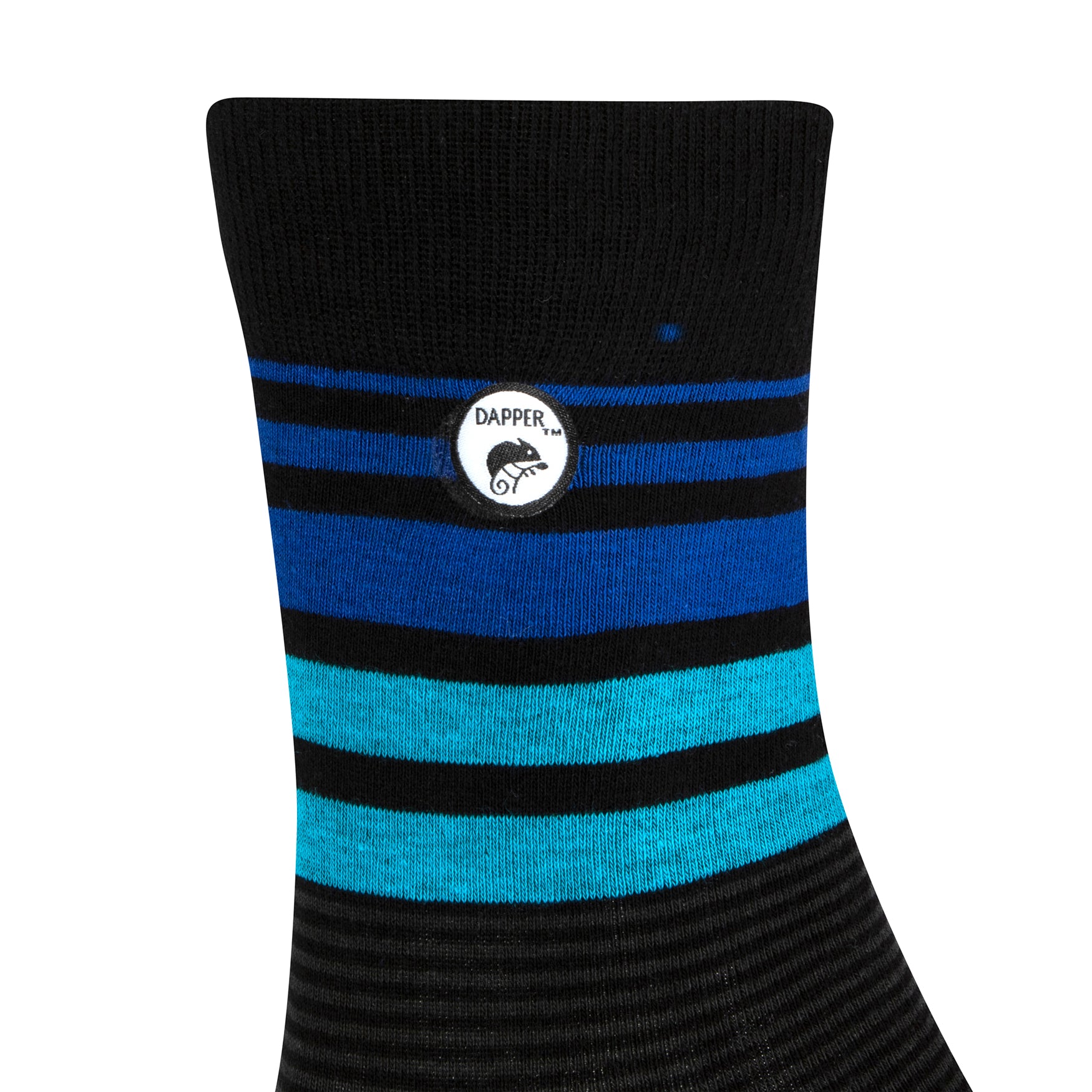 Side view of a combed cotton black seamless toe anklet with royal and sky blue and grey stripes with Dapper Chameleon logo.