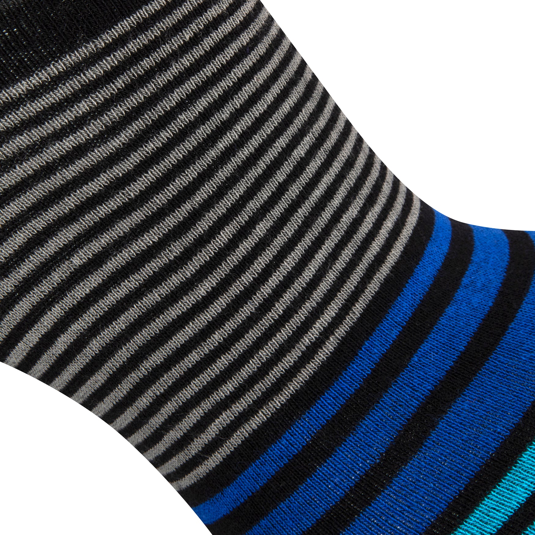 Textured view of a combed cotton black seamless toe anklet with royal and sky blue and grey stripes.