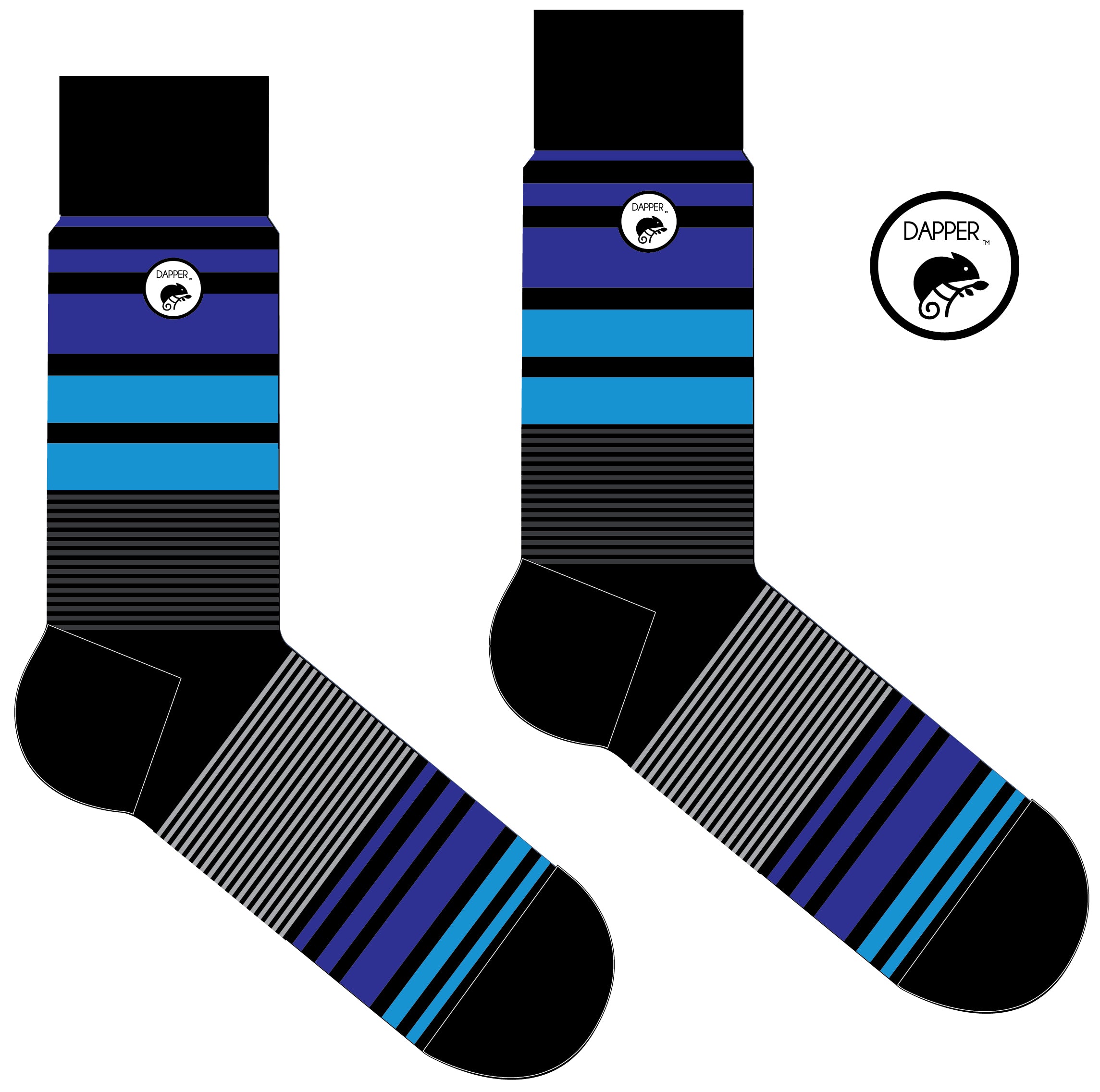 A Computer-Aided Design of a combed cotton black seamless toe anklet with royal and sky blue and grey stripes with a black heel and toe.