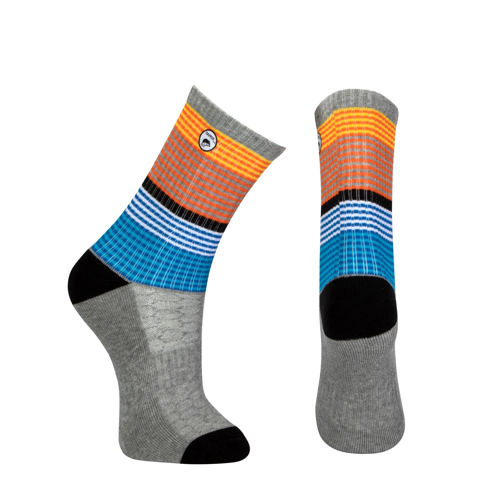 Long length ribbed grey combed cotton seamless toe anklet with yellow, orange, black, white, royal and sky blue stripes with a cushioned grey foot and circular gripper around the arch with a  black heel and toe.