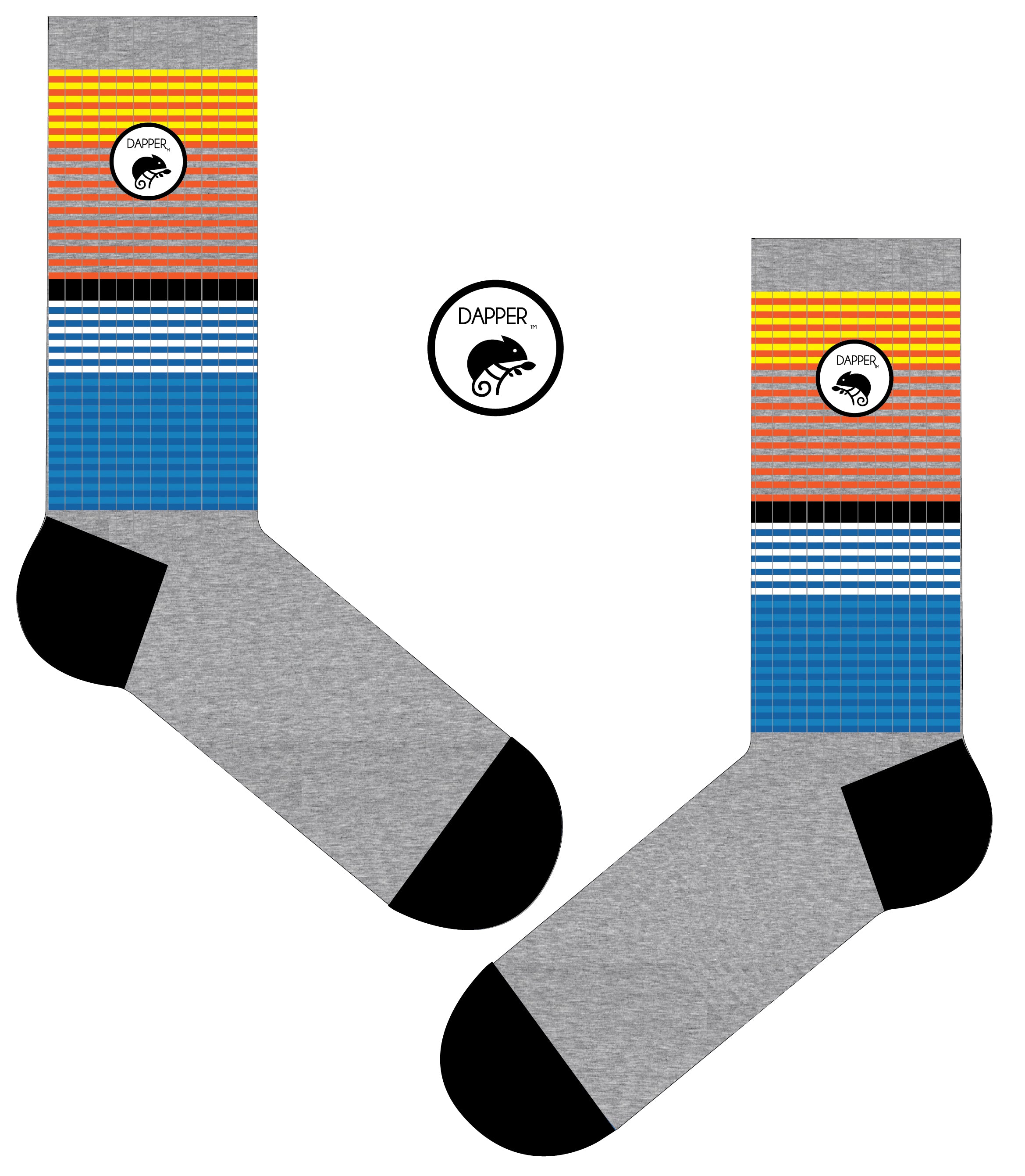 A Computer-Aided Design of a long length ribbed grey combed cotton seamless toe anklet with yellow, orange, black, white, royal and sky blue stripes with a grey cushioned foot and grey circular gripper around the arch with a  black heel and toe.