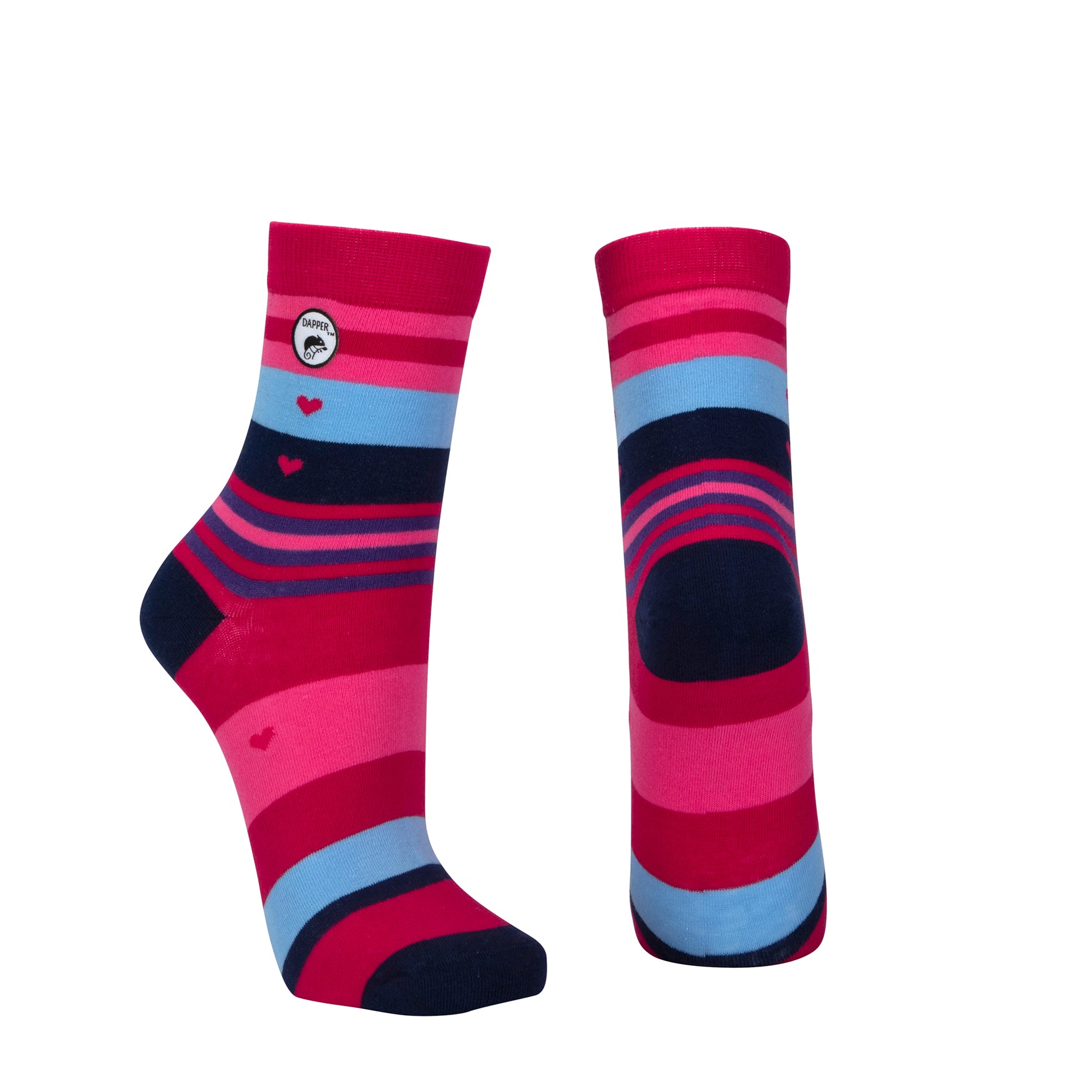 Combed cotton cerise pink seamless toe anklet with pink, navy, baby blue, purple and pink stripes and heart shapes with a navy blue heel and toe.