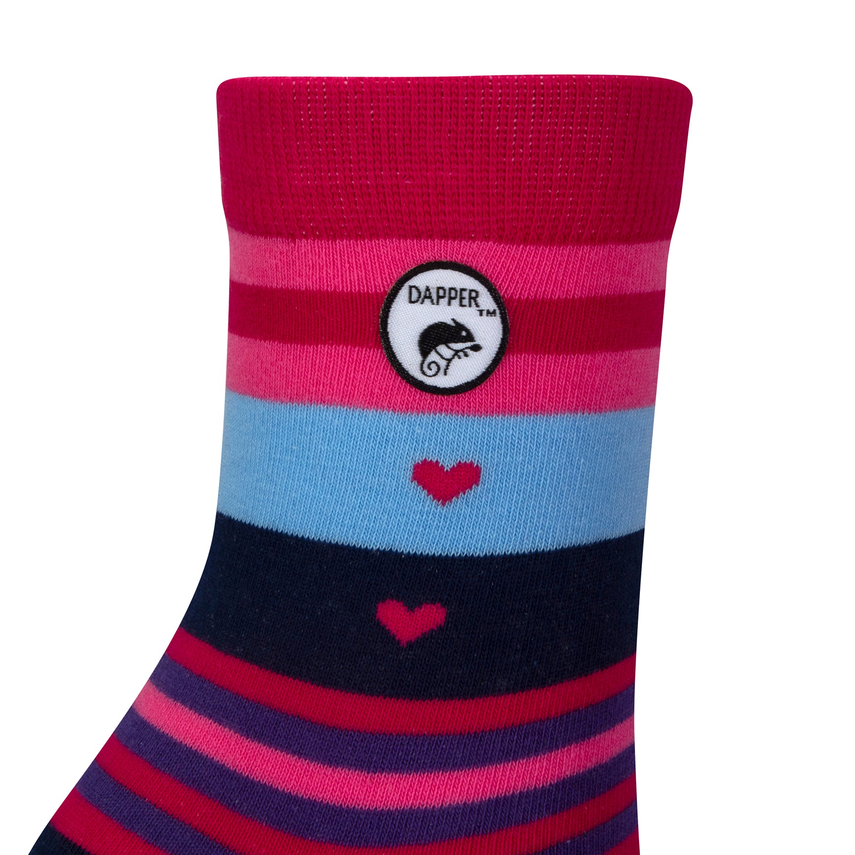 Side view of a combed cotton cerise pink seamless toe anklet with pink, navy, baby blue, purple and pink stripes and heart shapes  with Dapper Chameleon logo.